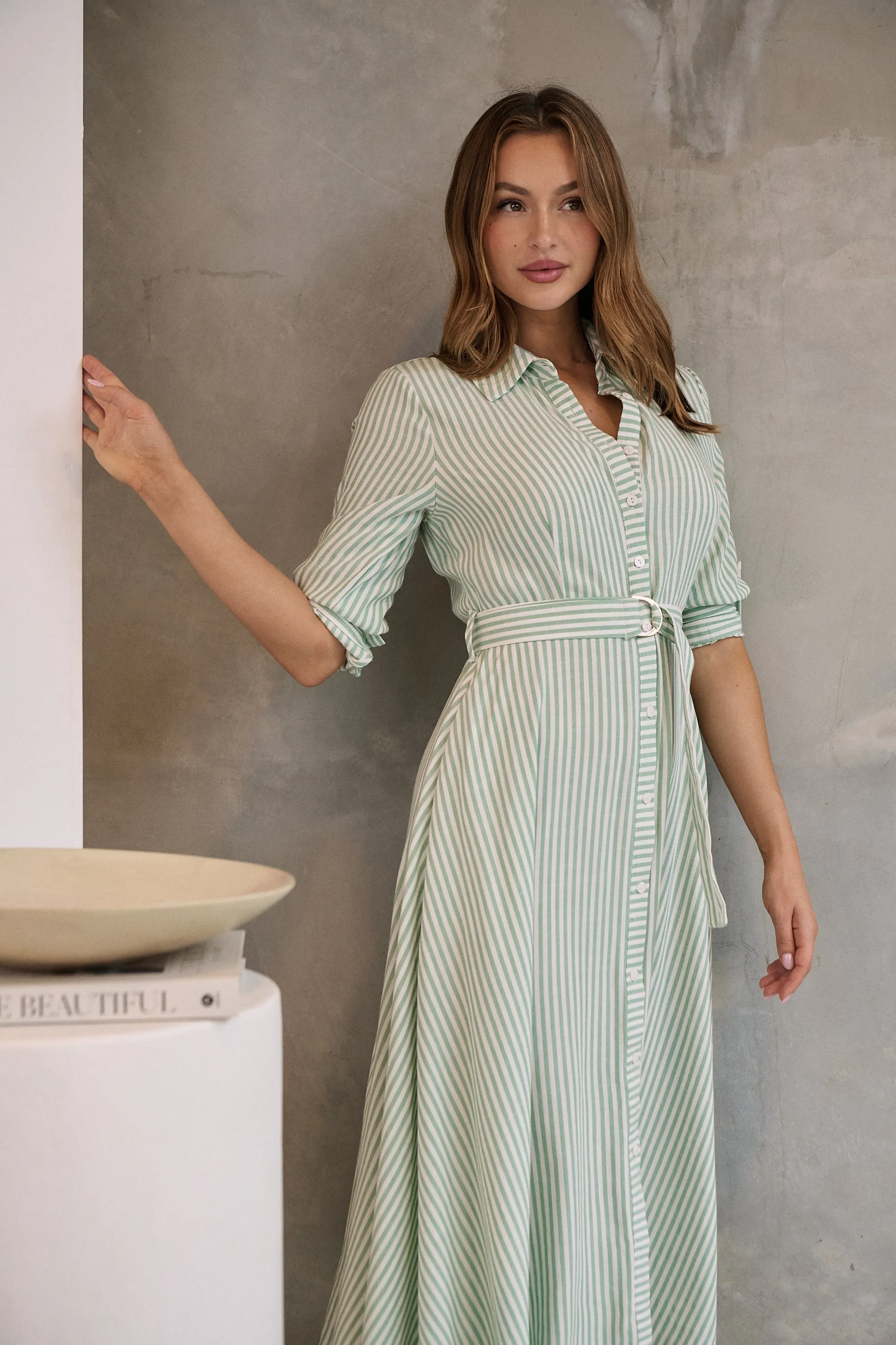 Carly White/Green Stripe Collared Tie Waist Button Midi Dress