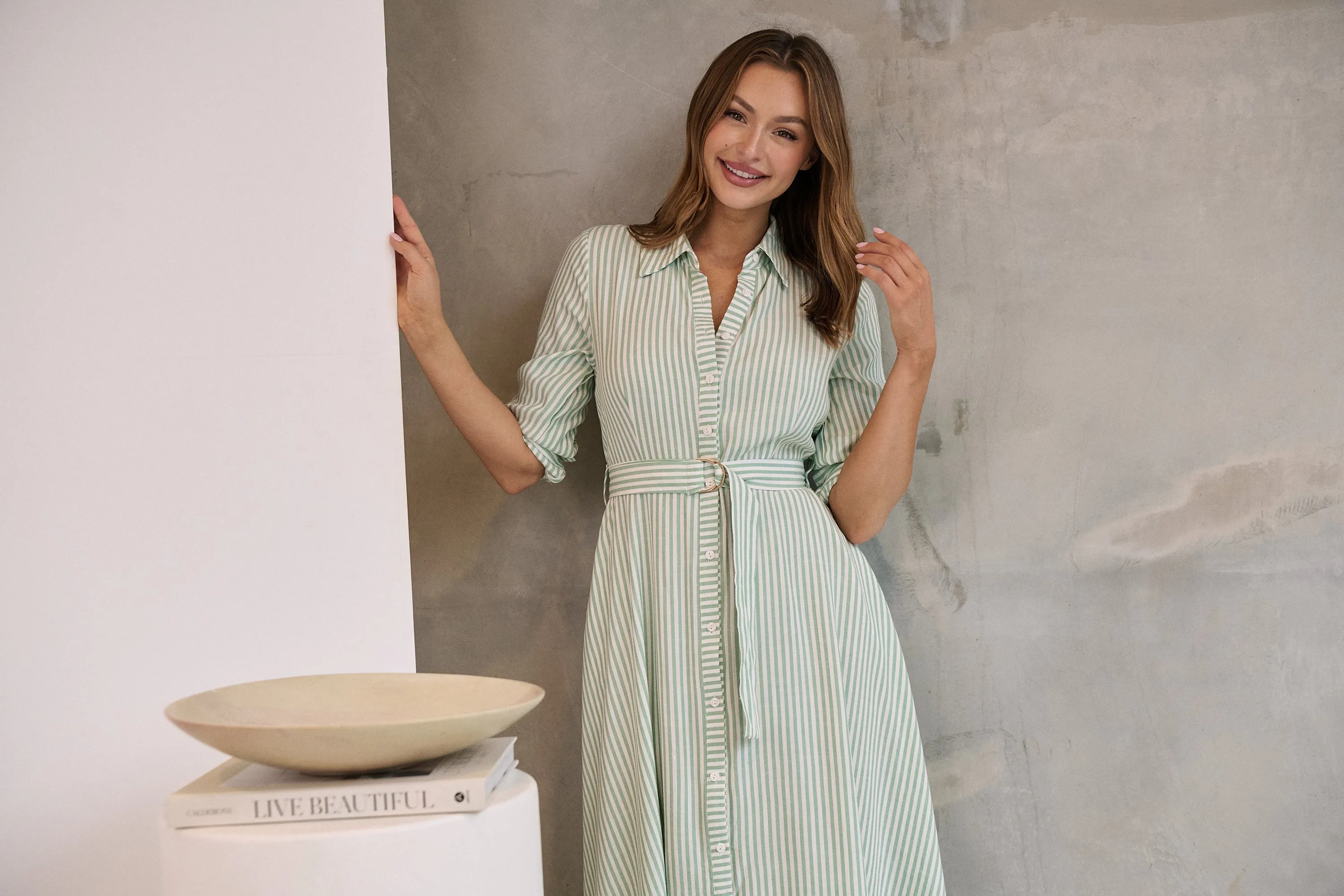 Carly White/Green Stripe Collared Tie Waist Button Midi Dress