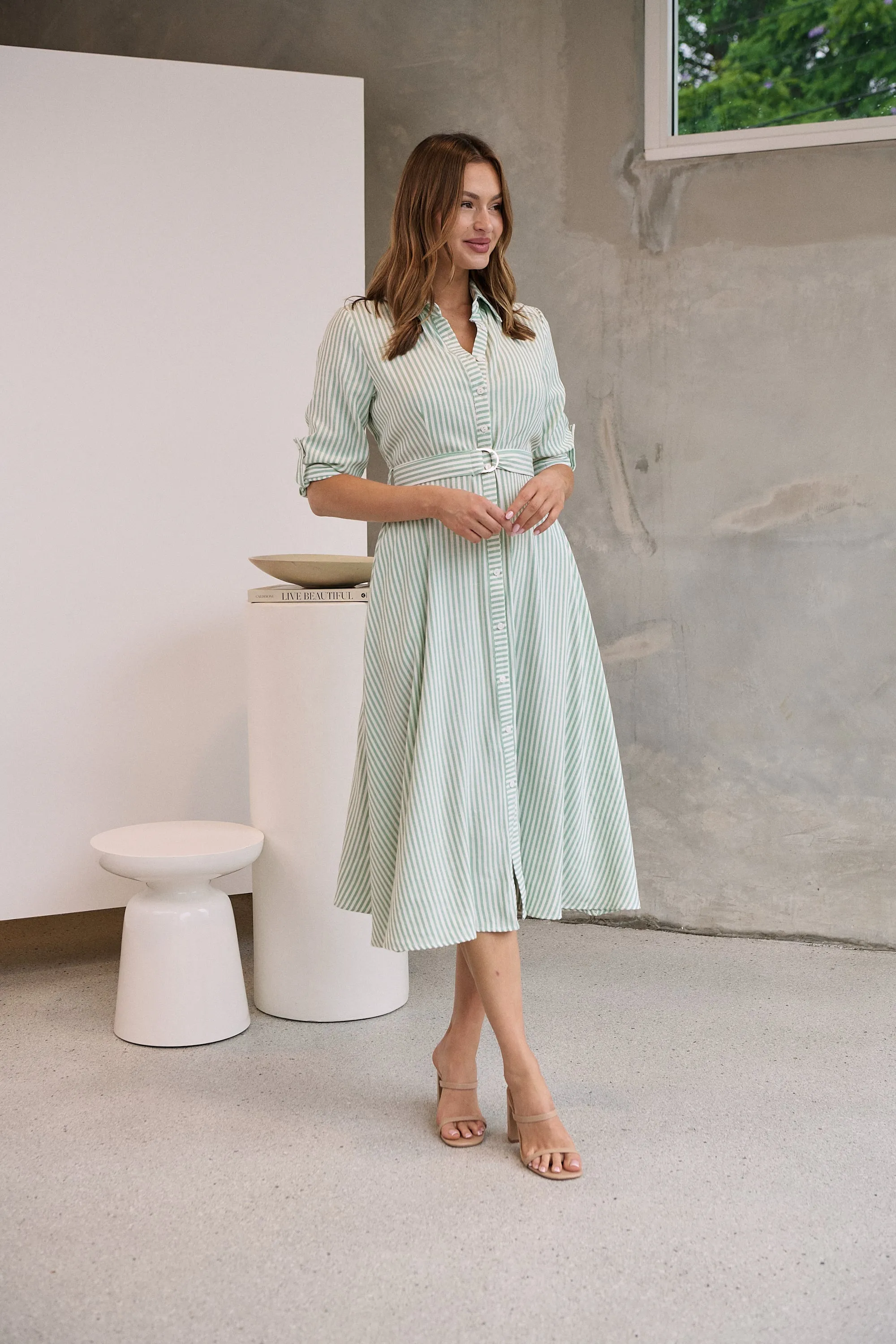 Carly White/Green Stripe Collared Tie Waist Button Midi Dress