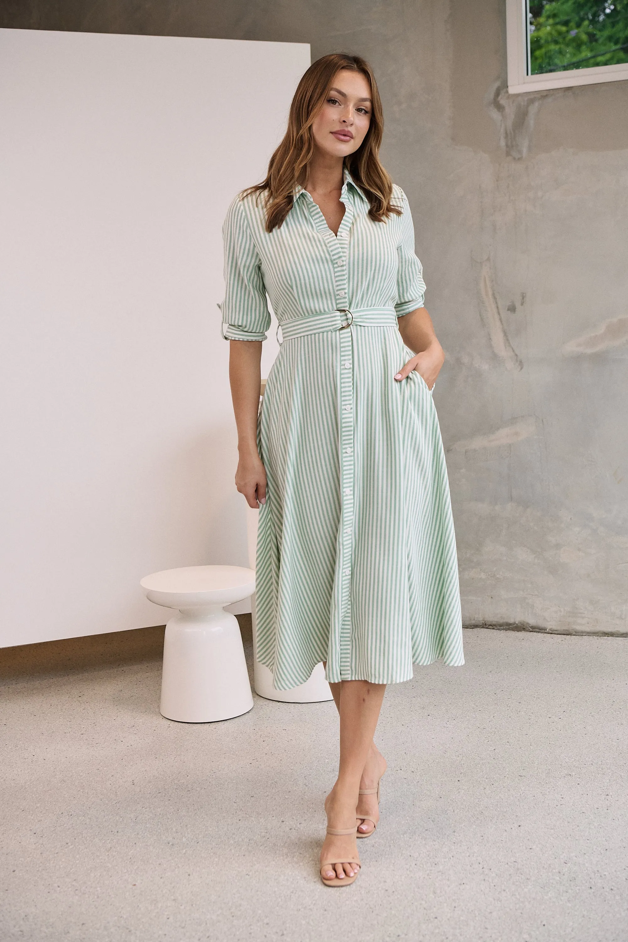 Carly White/Green Stripe Collared Tie Waist Button Midi Dress