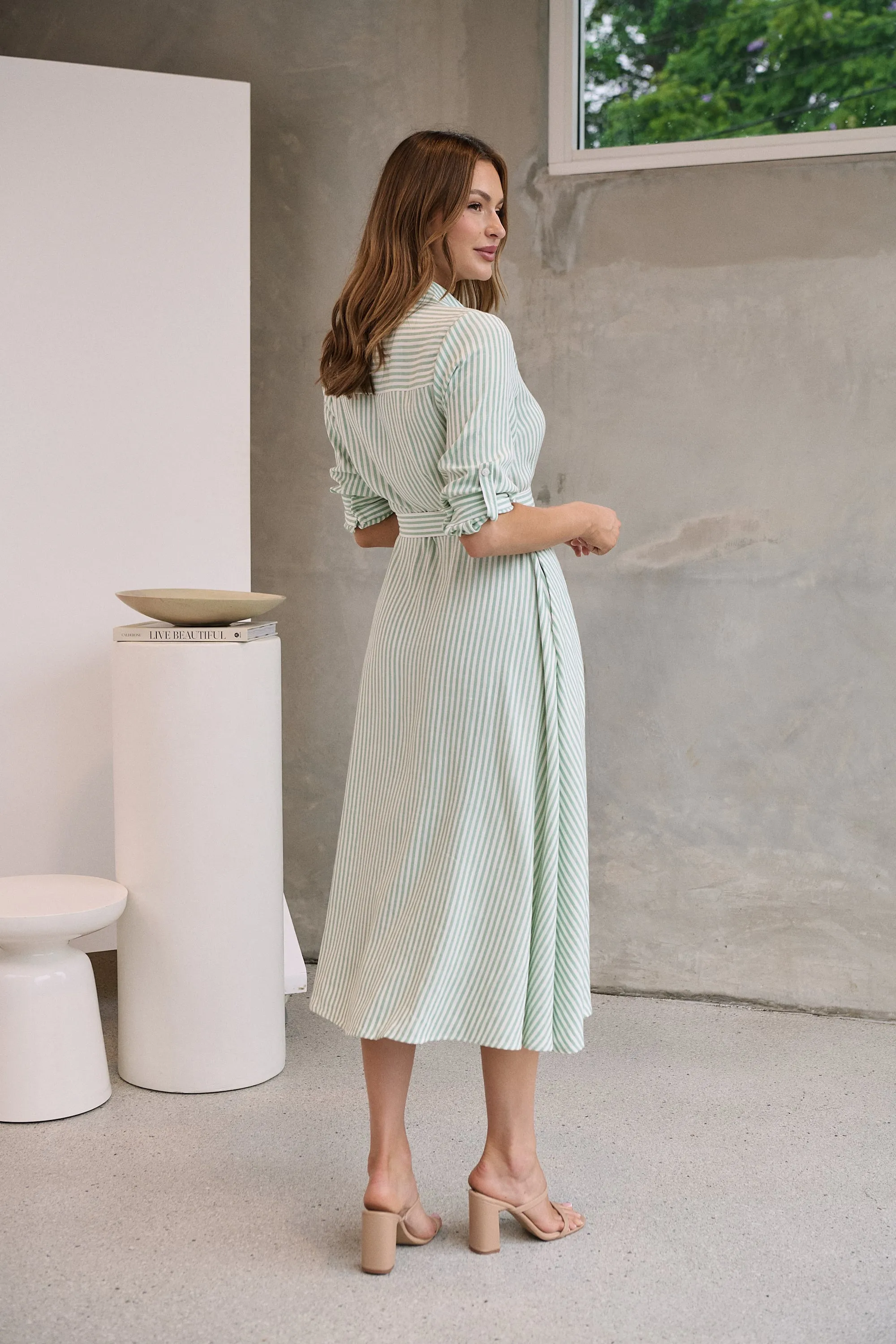 Carly White/Green Stripe Collared Tie Waist Button Midi Dress