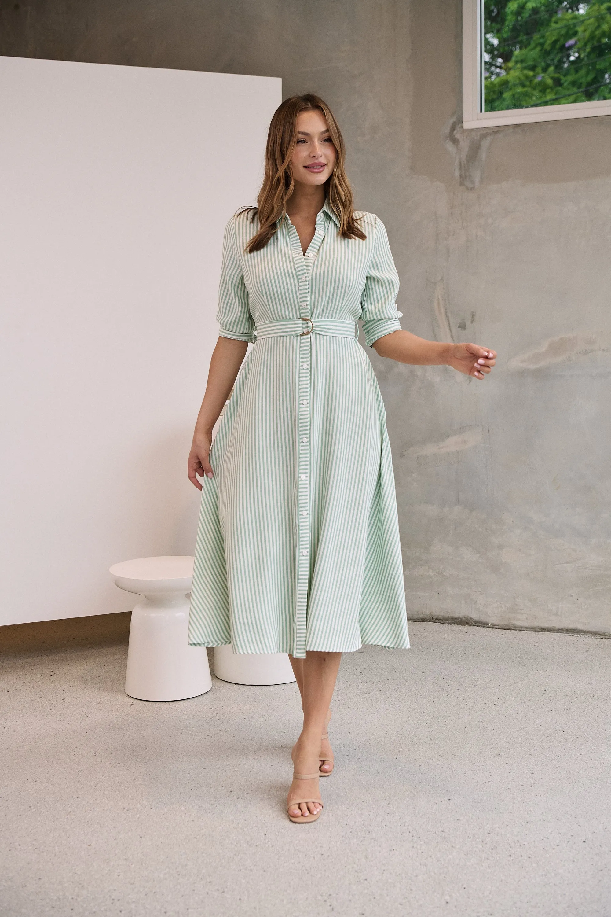 Carly White/Green Stripe Collared Tie Waist Button Midi Dress