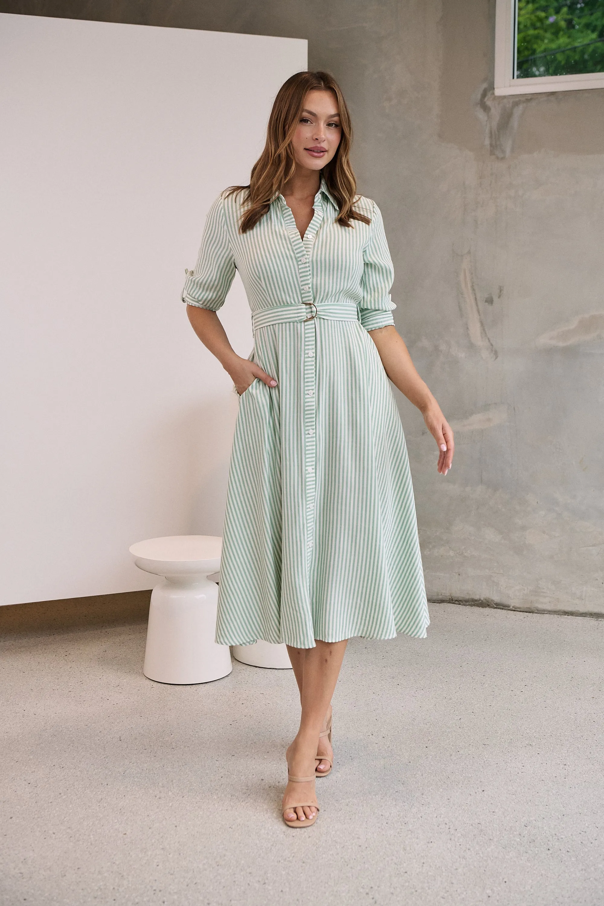 Carly White/Green Stripe Collared Tie Waist Button Midi Dress