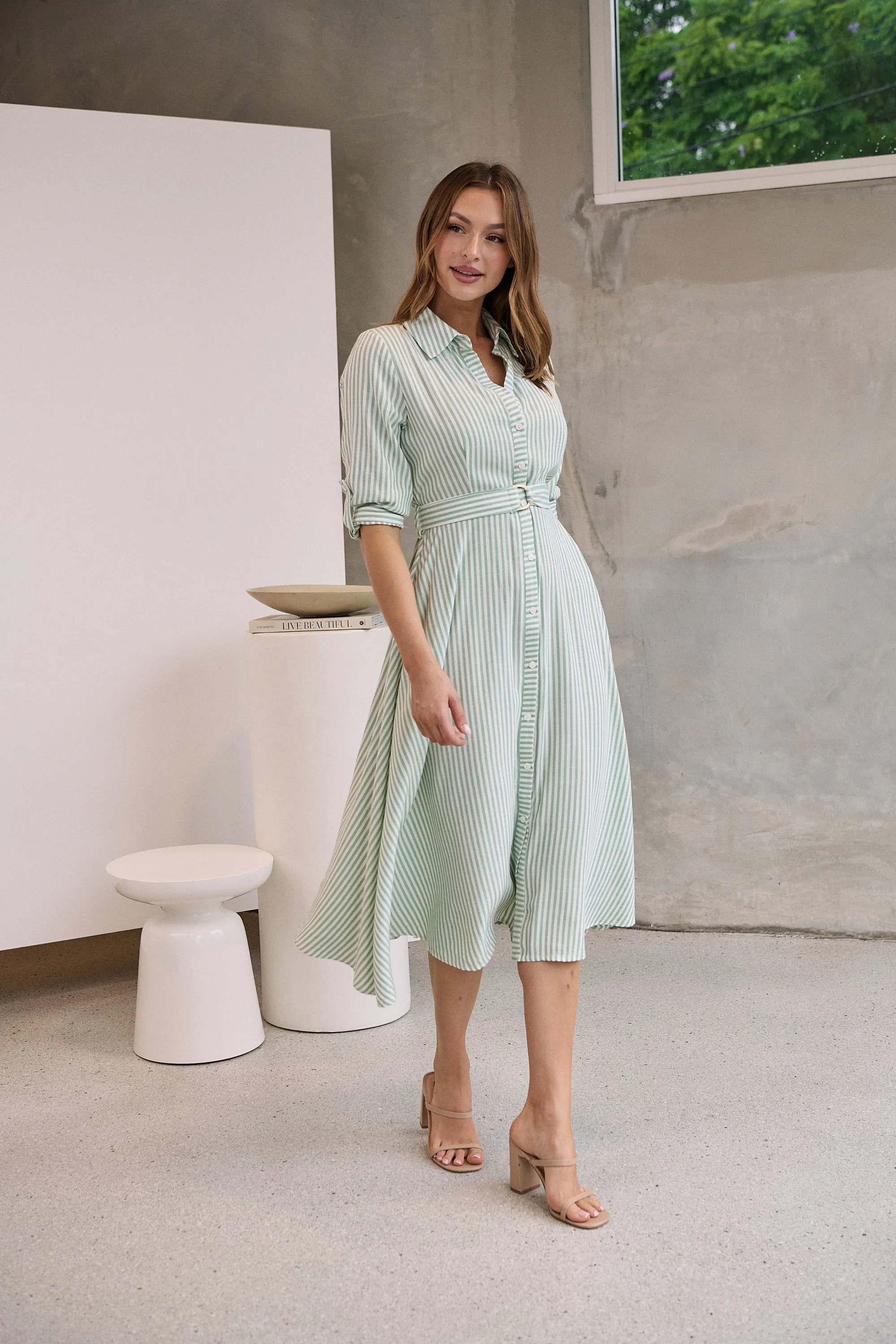 Carly White/Green Stripe Collared Tie Waist Button Midi Dress