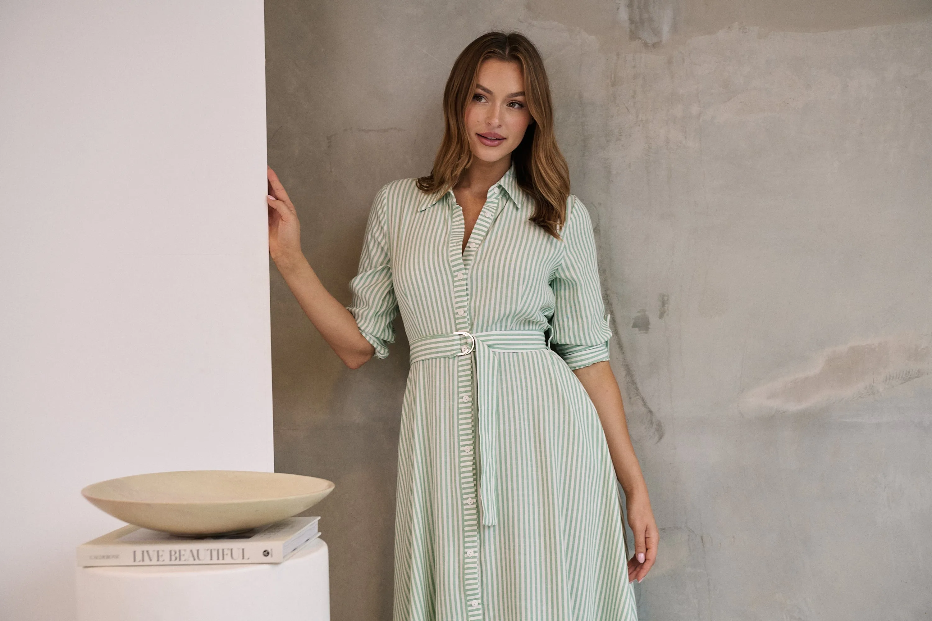 Carly White/Green Stripe Collared Tie Waist Button Midi Dress