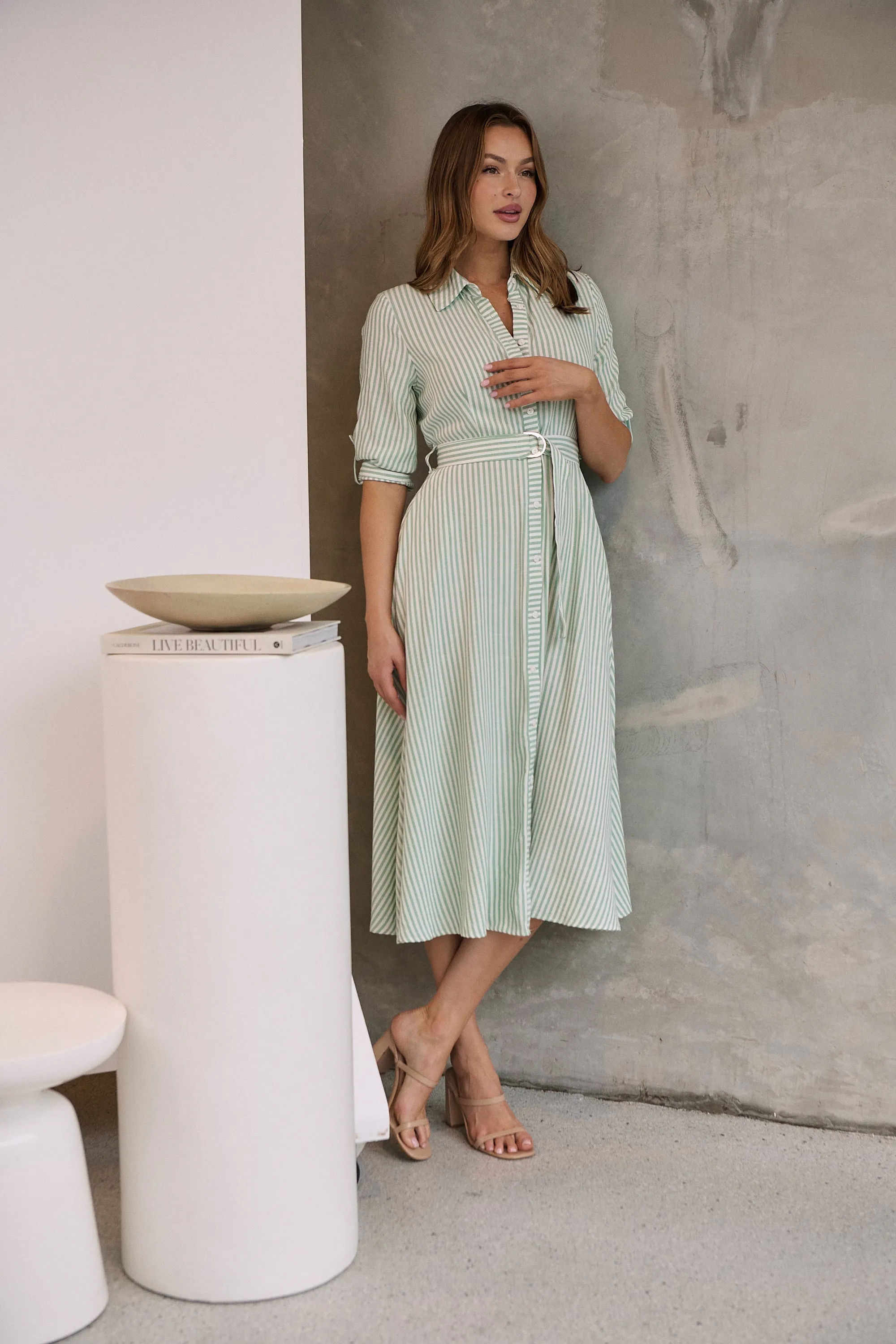 Carly White/Green Stripe Collared Tie Waist Button Midi Dress