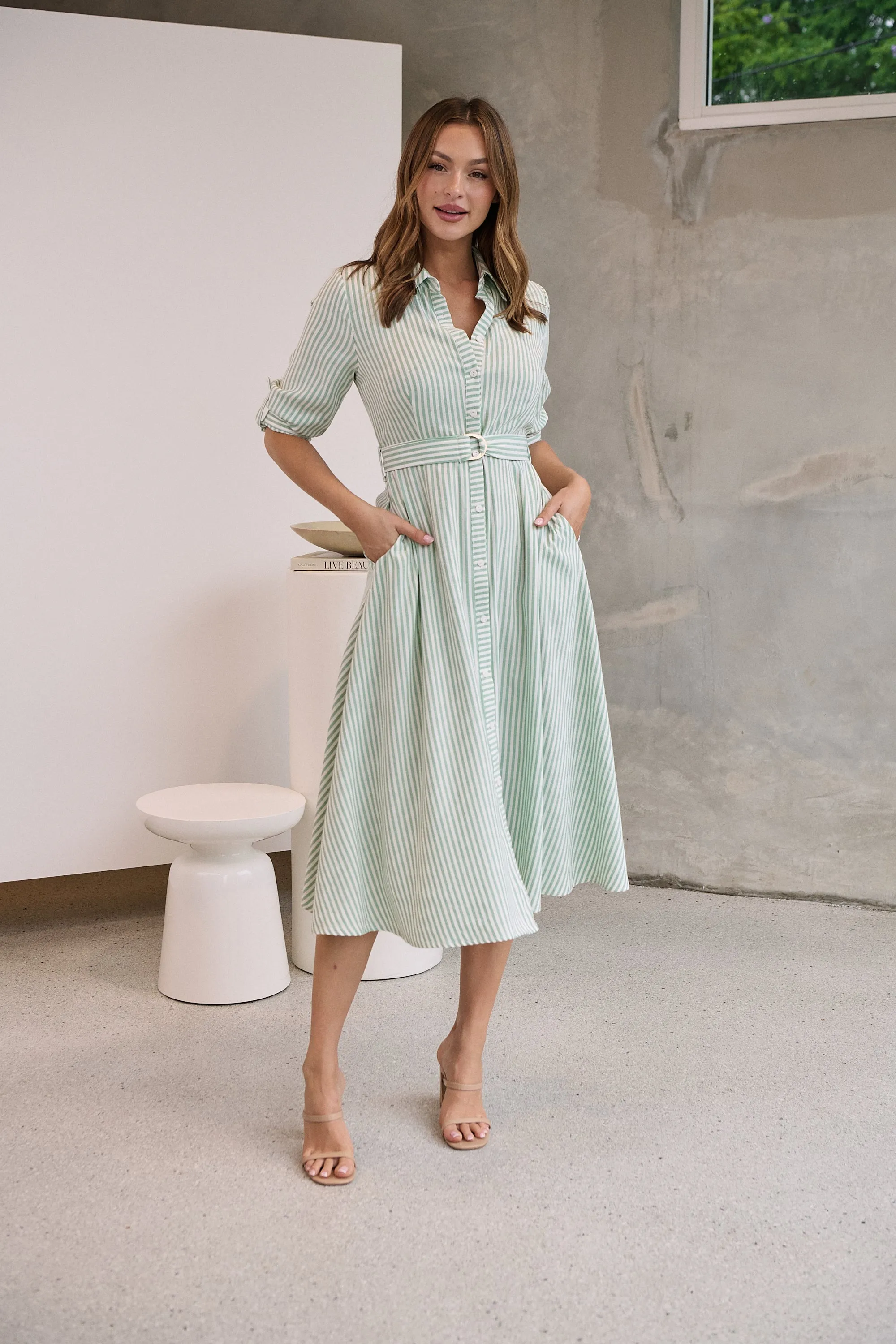 Carly White/Green Stripe Collared Tie Waist Button Midi Dress