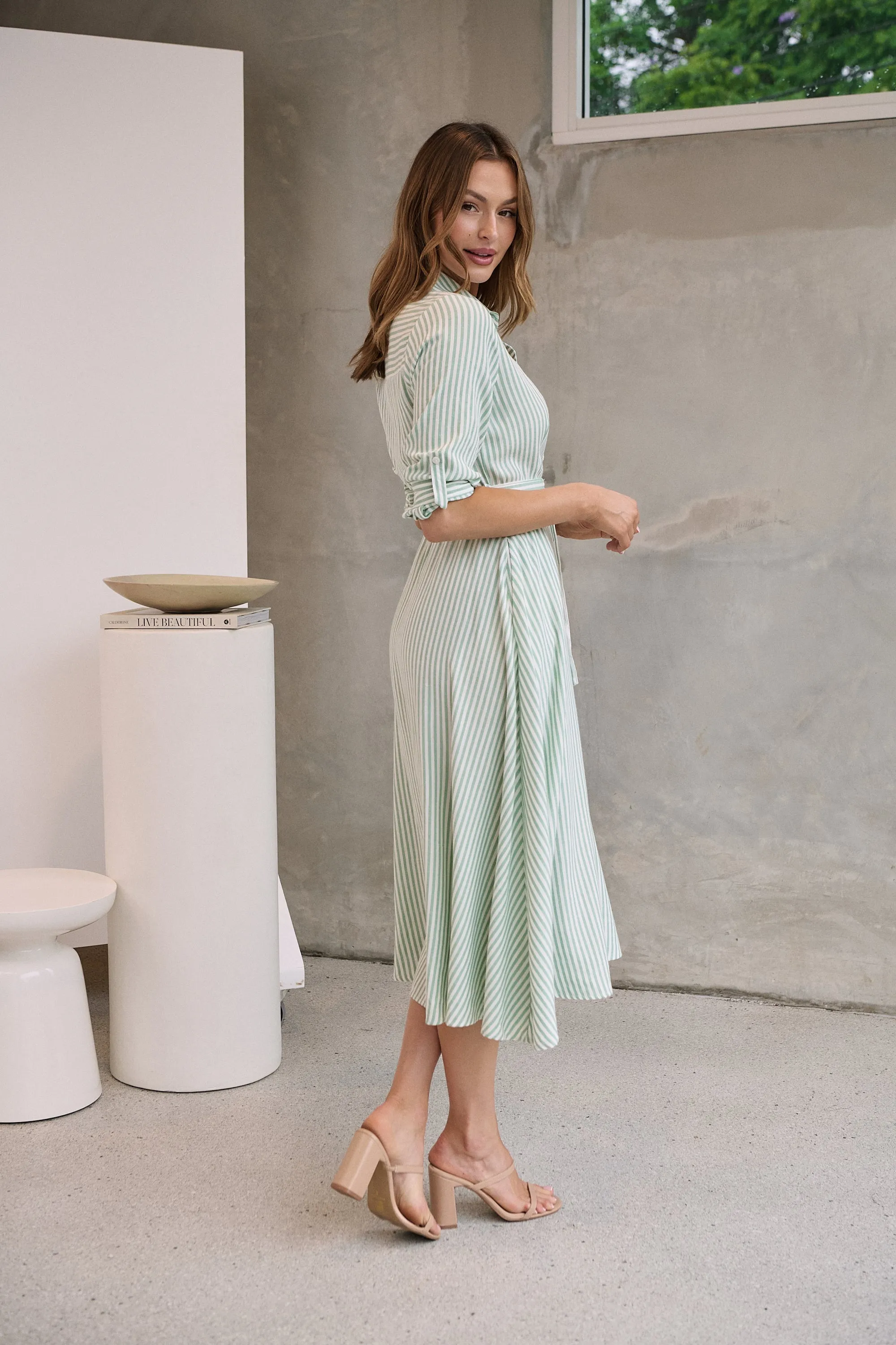 Carly White/Green Stripe Collared Tie Waist Button Midi Dress