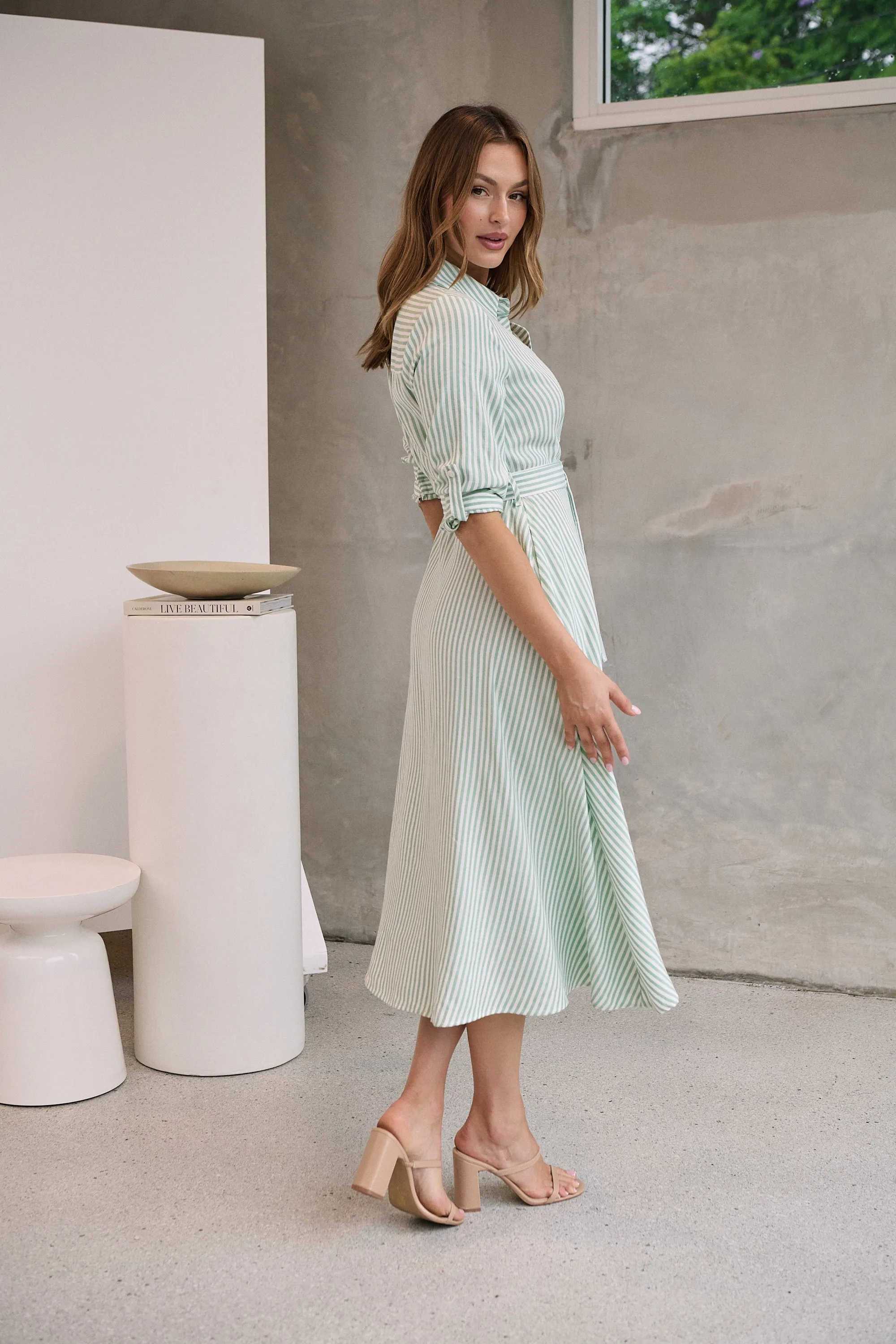 Carly White/Green Stripe Collared Tie Waist Button Midi Dress