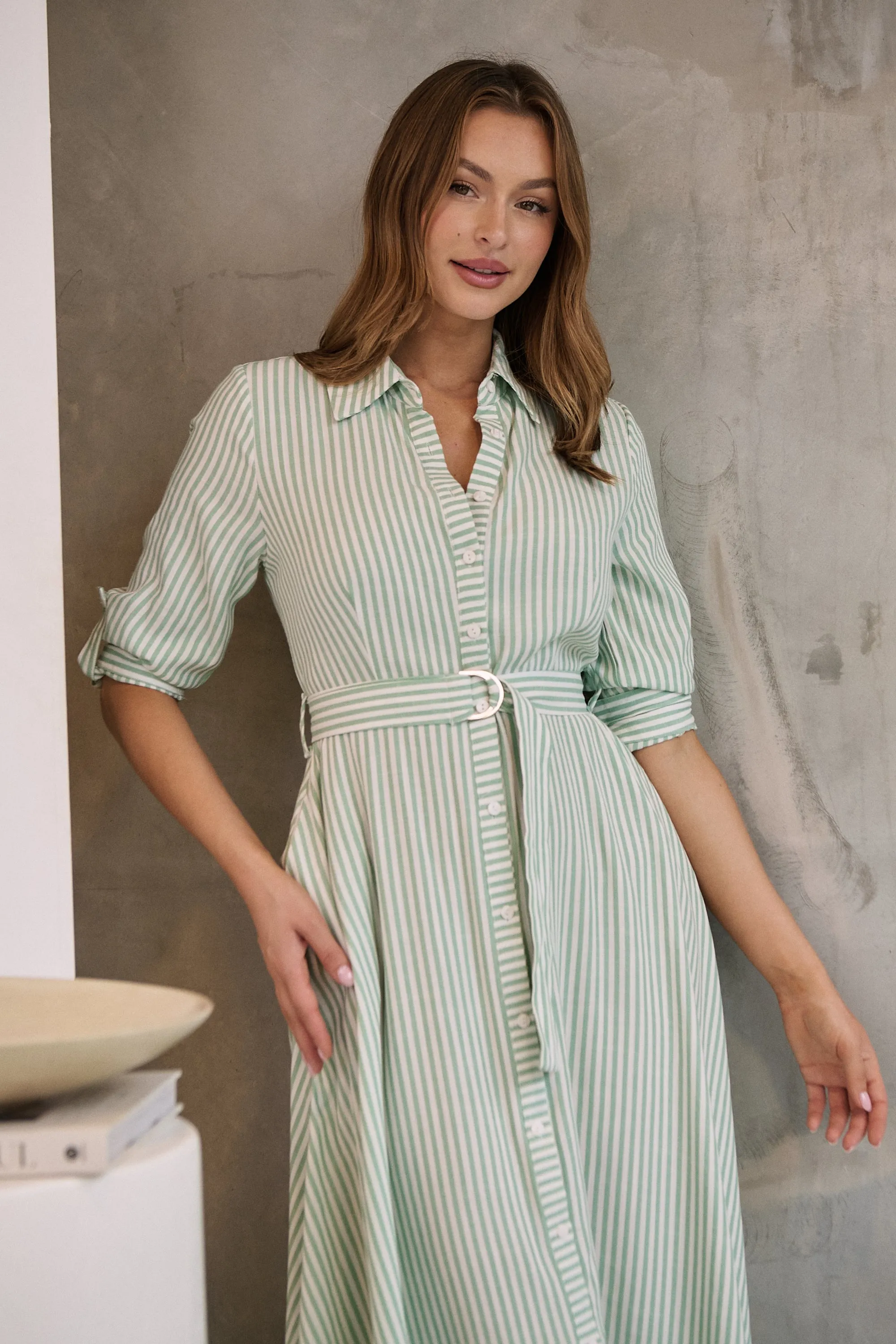 Carly White/Green Stripe Collared Tie Waist Button Midi Dress