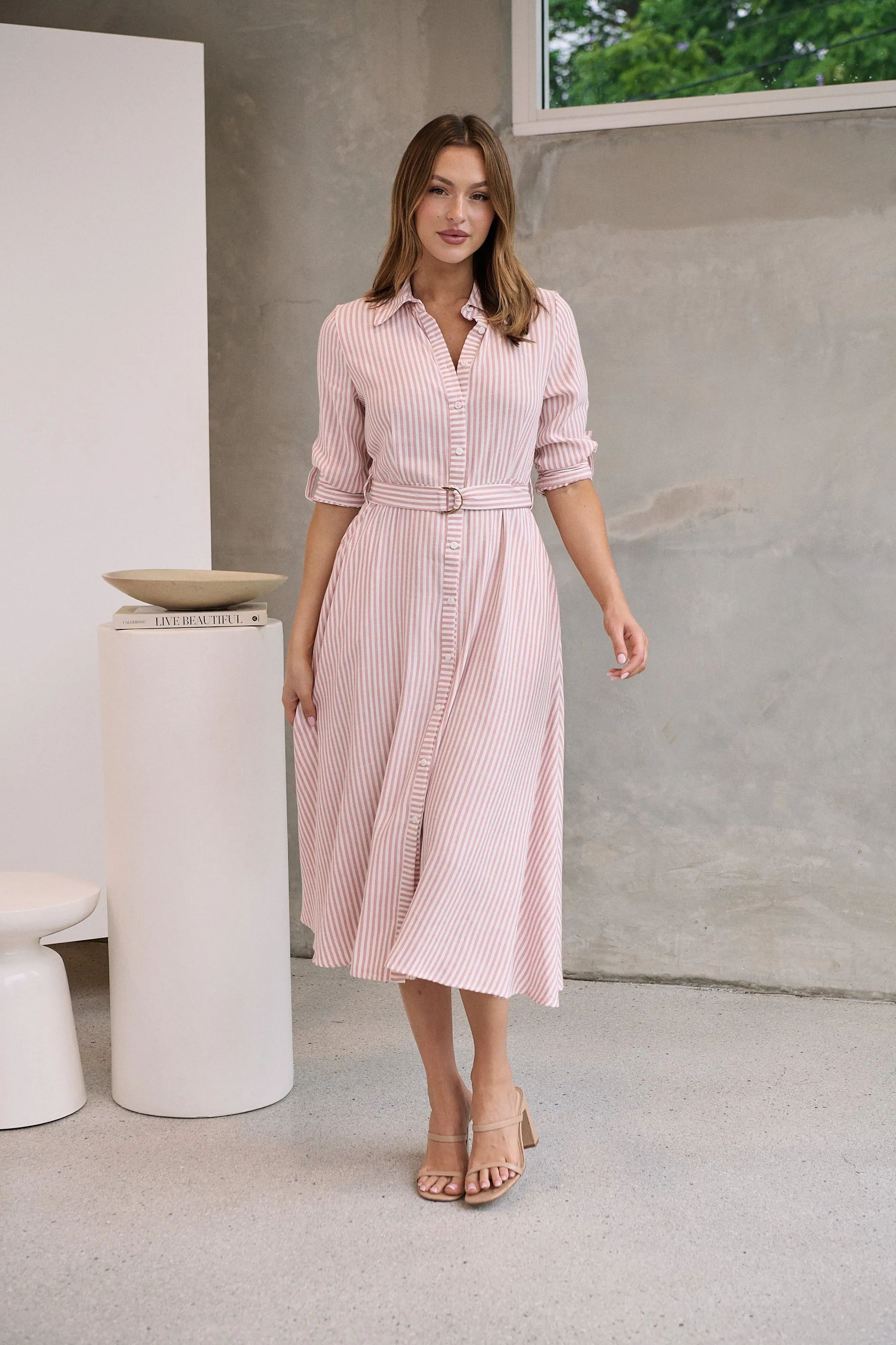 Carly White/Pink Stripe Collared Tie Waist Button Midi Dress