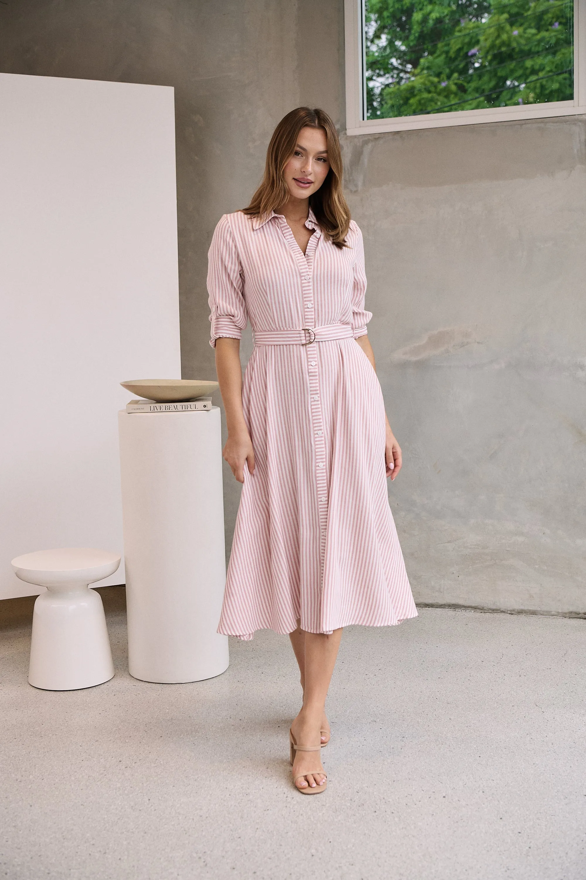 Carly White/Pink Stripe Collared Tie Waist Button Midi Dress