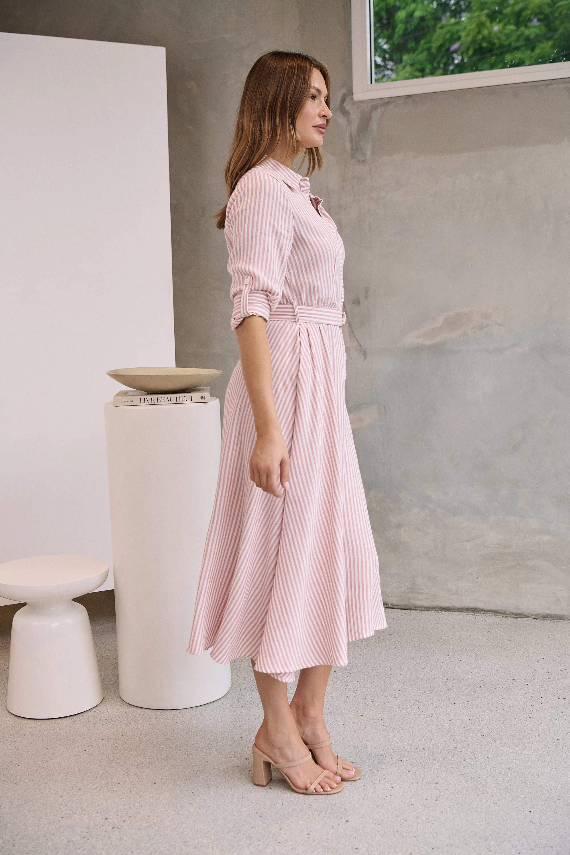 Carly White/Pink Stripe Collared Tie Waist Button Midi Dress