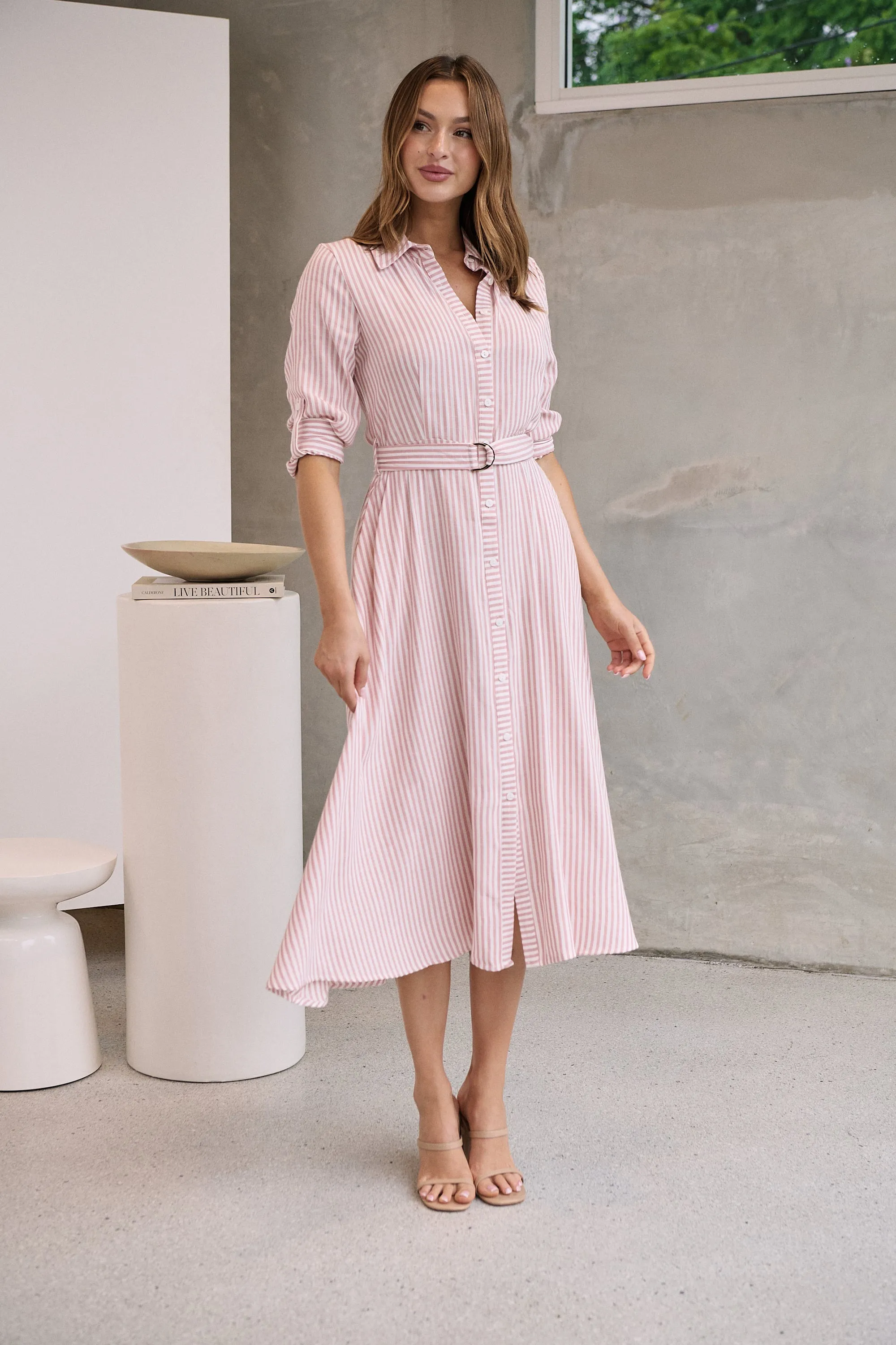 Carly White/Pink Stripe Collared Tie Waist Button Midi Dress