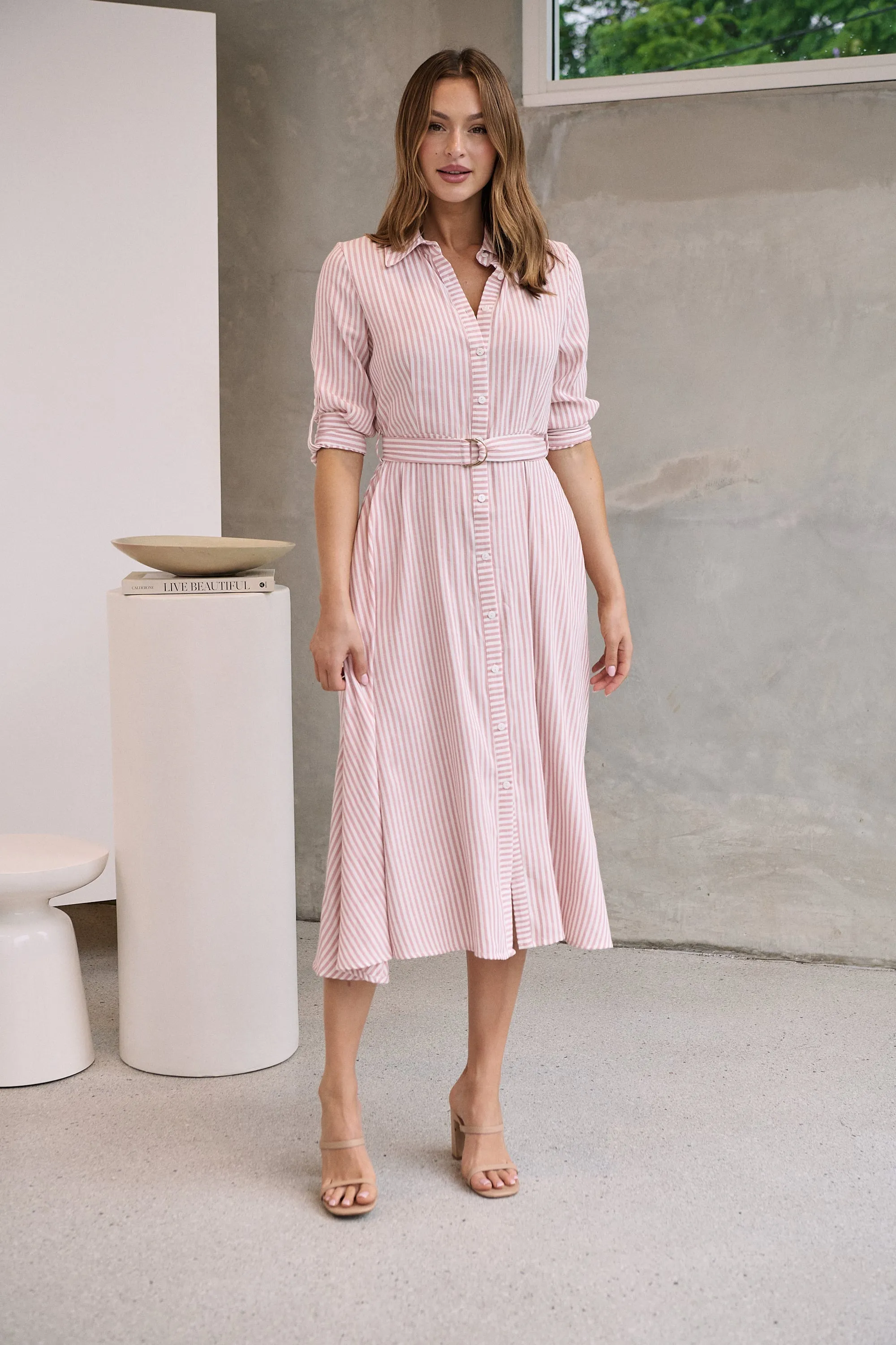 Carly White/Pink Stripe Collared Tie Waist Button Midi Dress