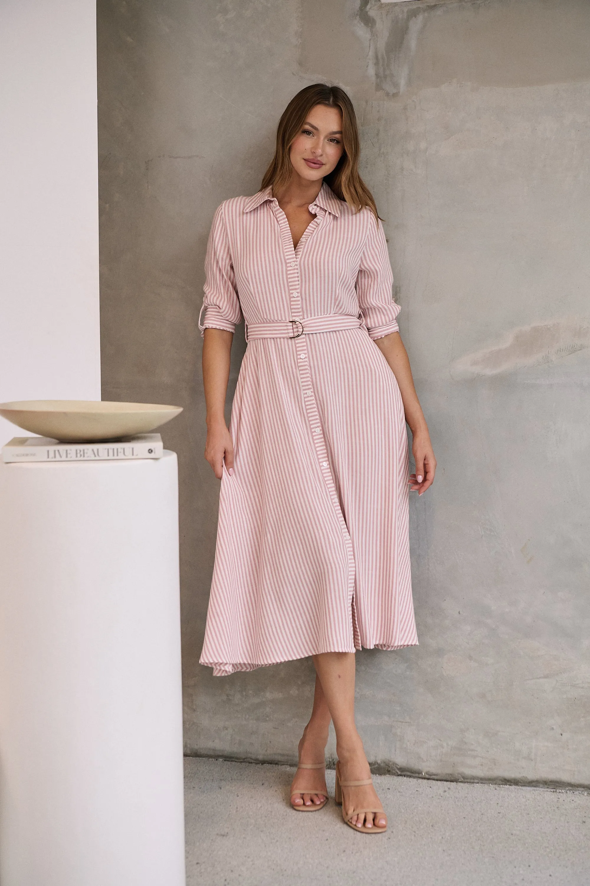 Carly White/Pink Stripe Collared Tie Waist Button Midi Dress