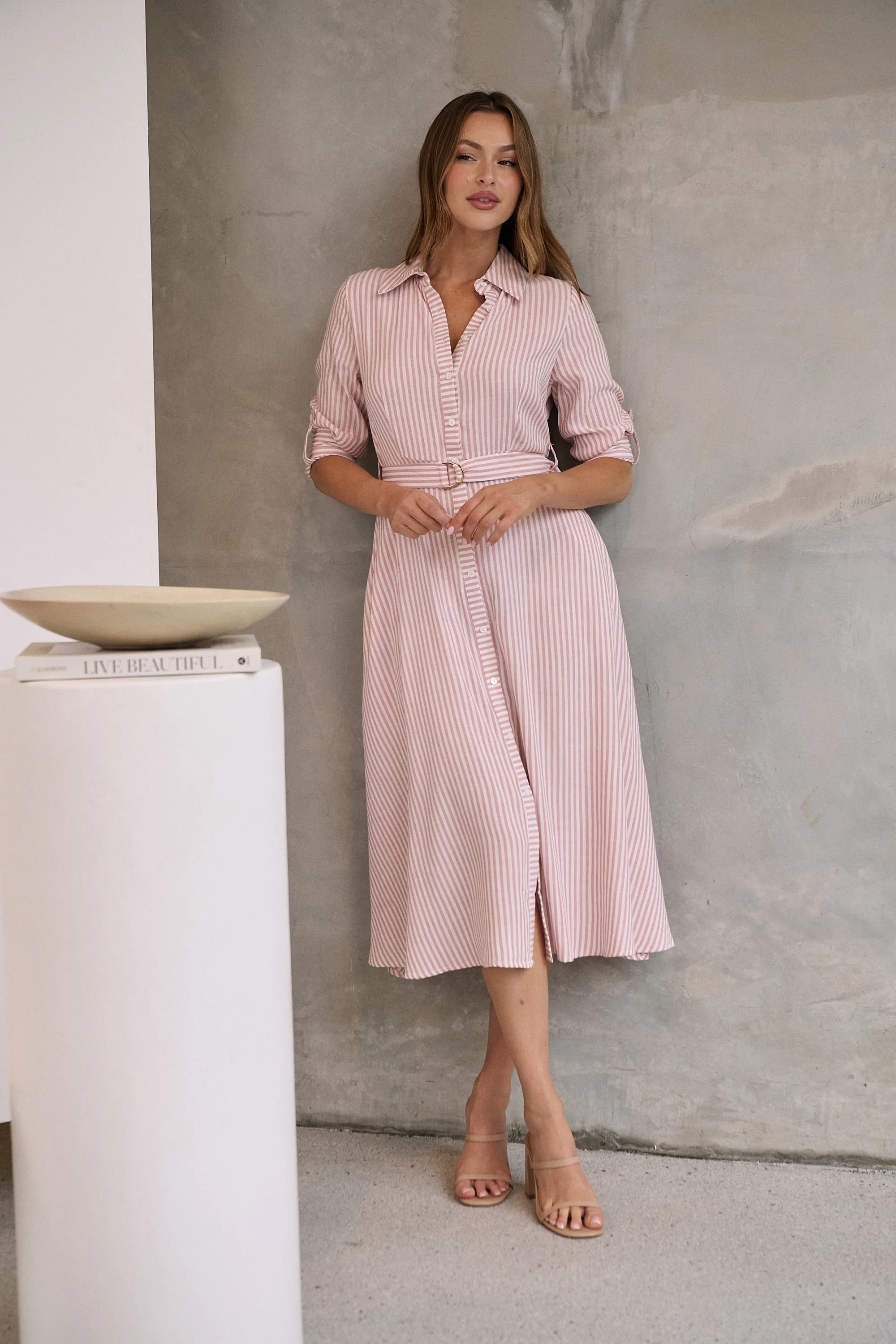 Carly White/Pink Stripe Collared Tie Waist Button Midi Dress