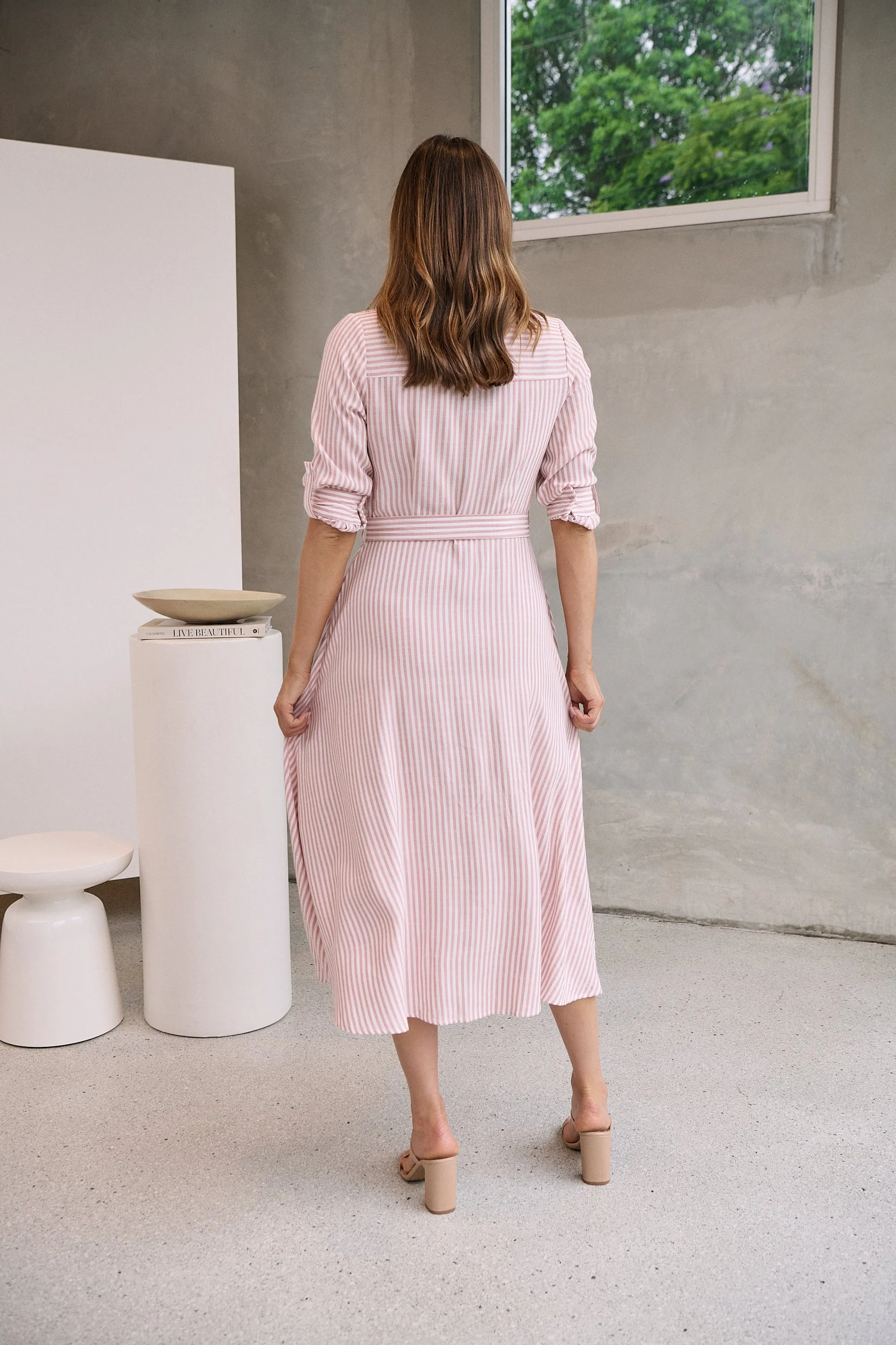 Carly White/Pink Stripe Collared Tie Waist Button Midi Dress