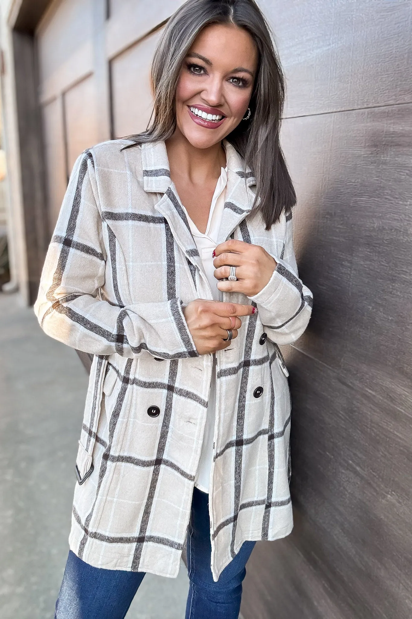 Casual Elegance Plaid Beige Belted Coat