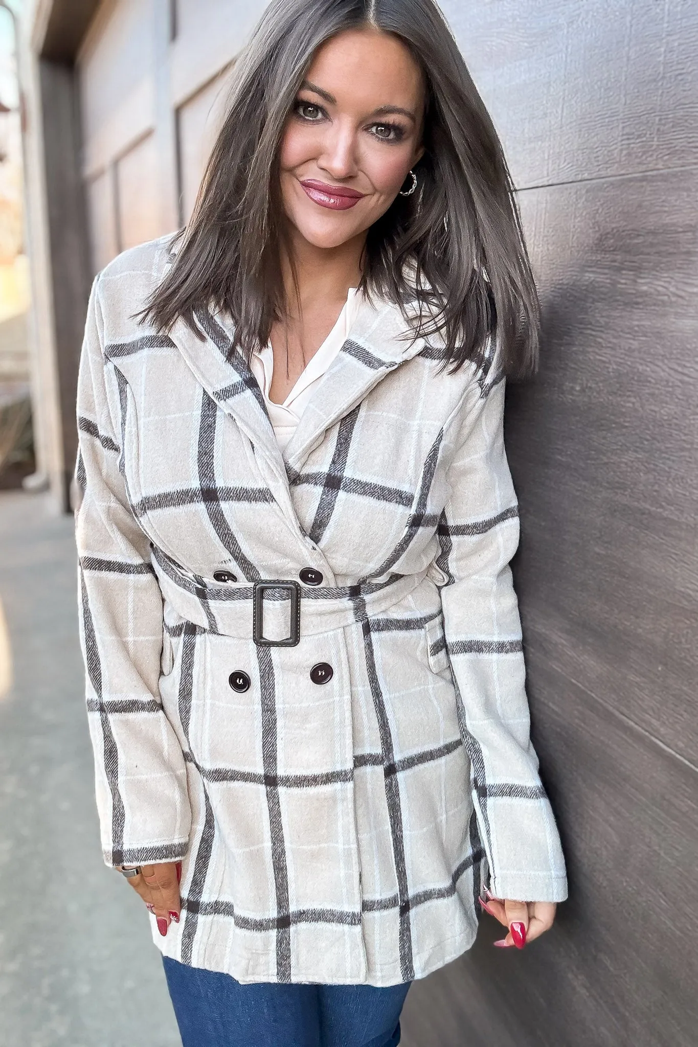 Casual Elegance Plaid Beige Belted Coat