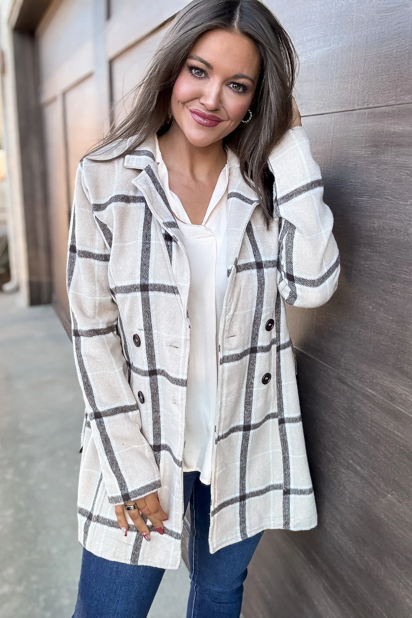 Casual Elegance Plaid Beige Belted Coat