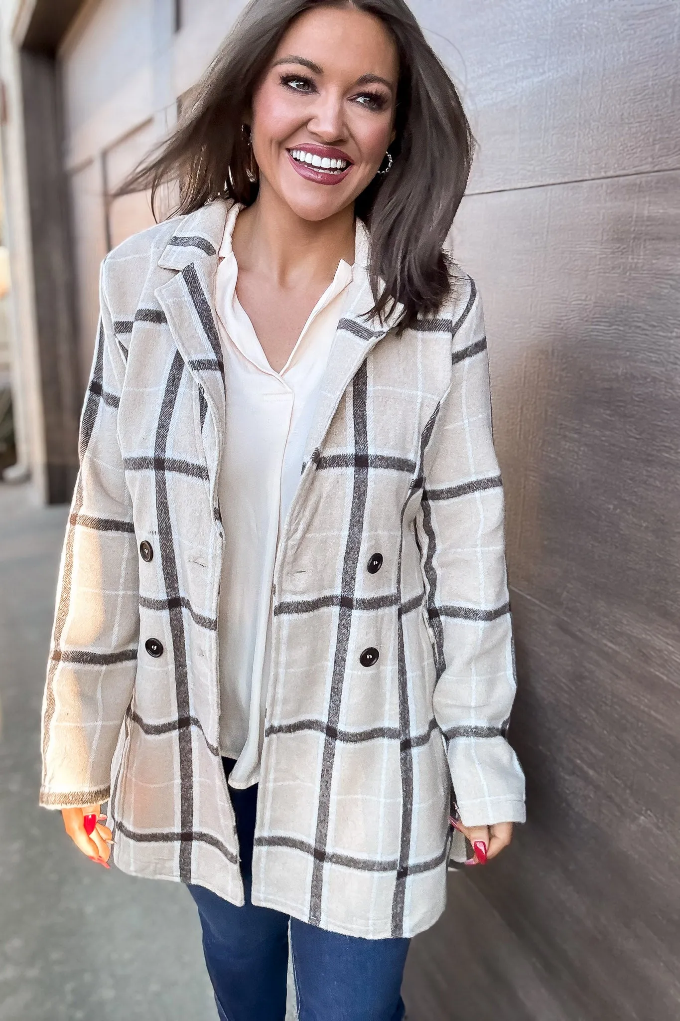 Casual Elegance Plaid Beige Belted Coat