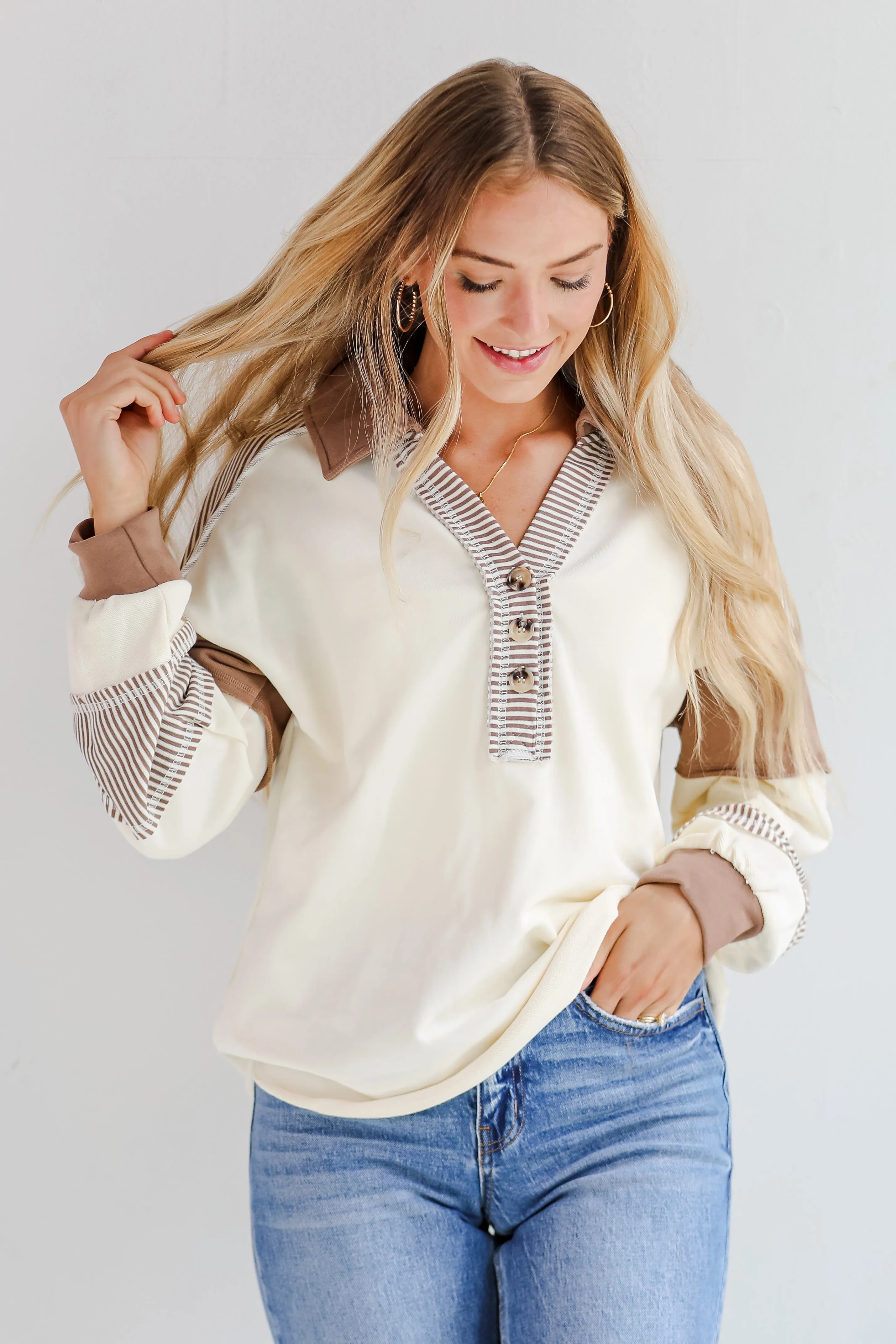 Casual Energy Ivory Collared Color Block Oversized Top