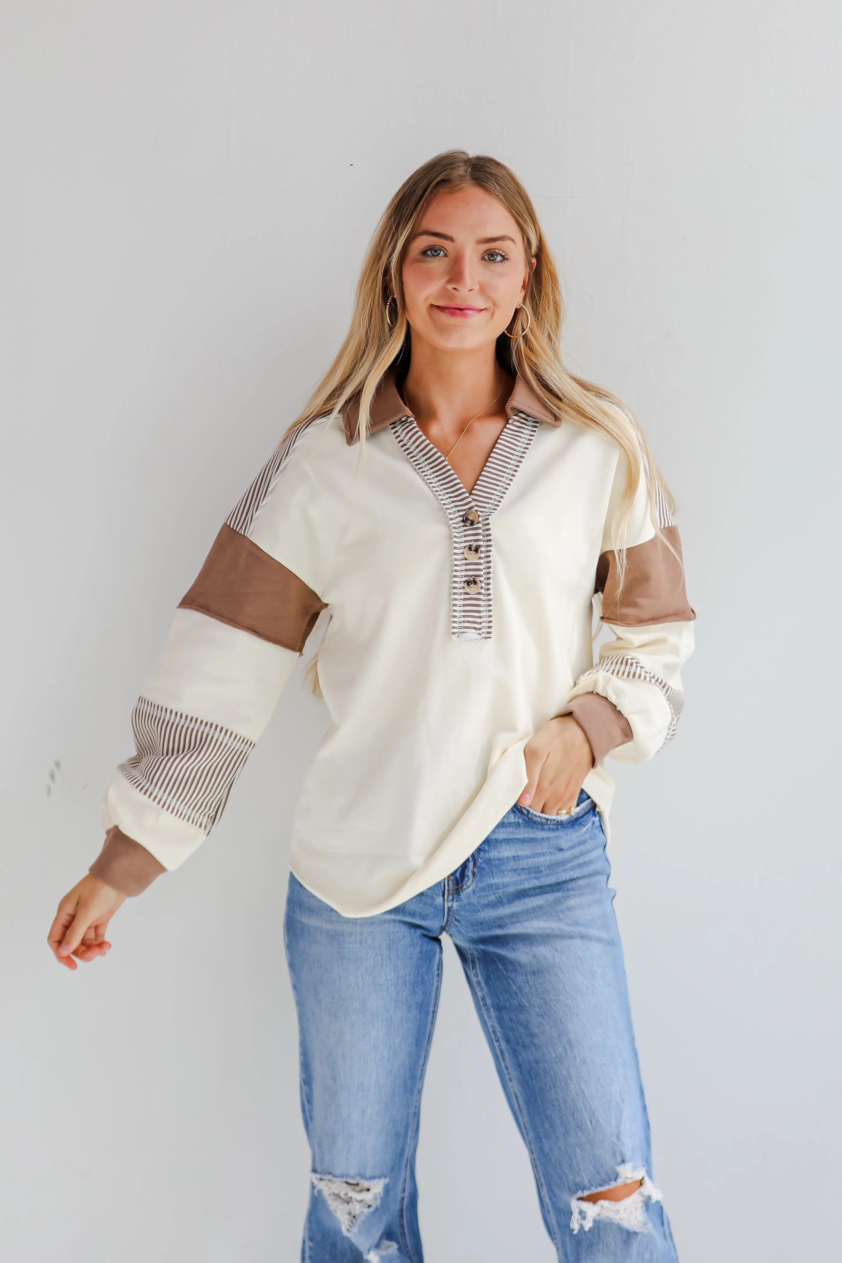 Casual Energy Ivory Collared Color Block Oversized Top