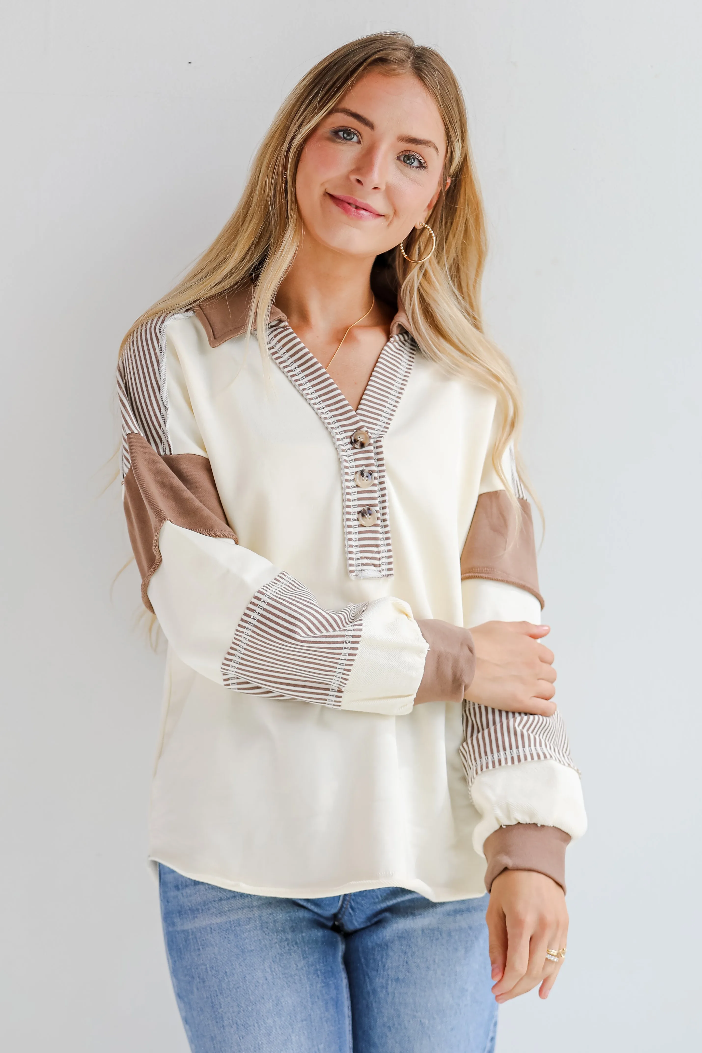 Casual Energy Ivory Collared Color Block Oversized Top