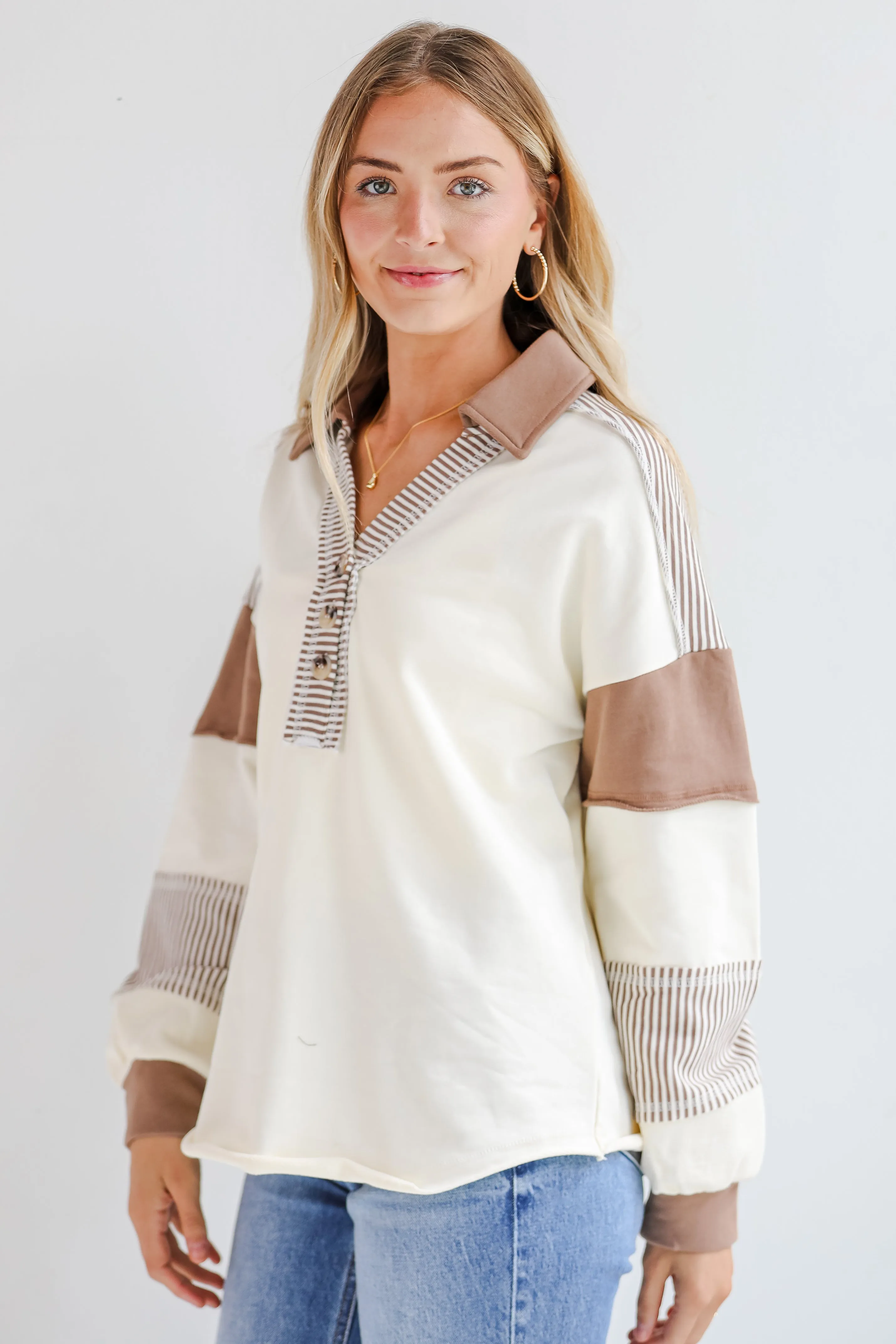 Casual Energy Ivory Collared Color Block Oversized Top