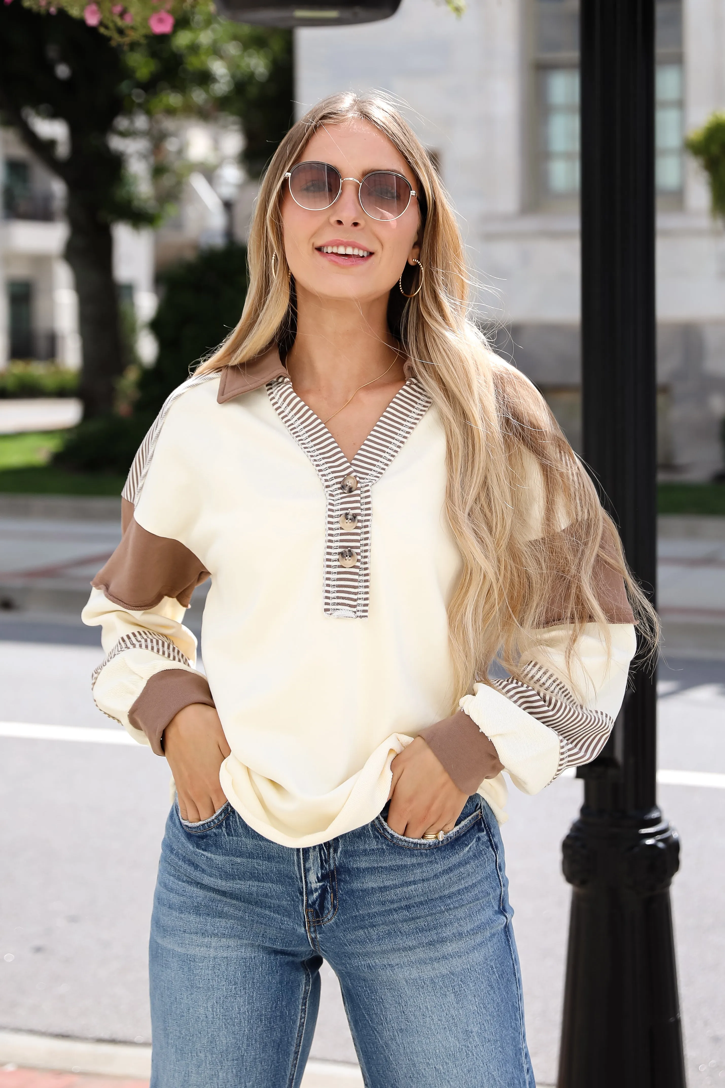 Casual Energy Ivory Collared Color Block Oversized Top