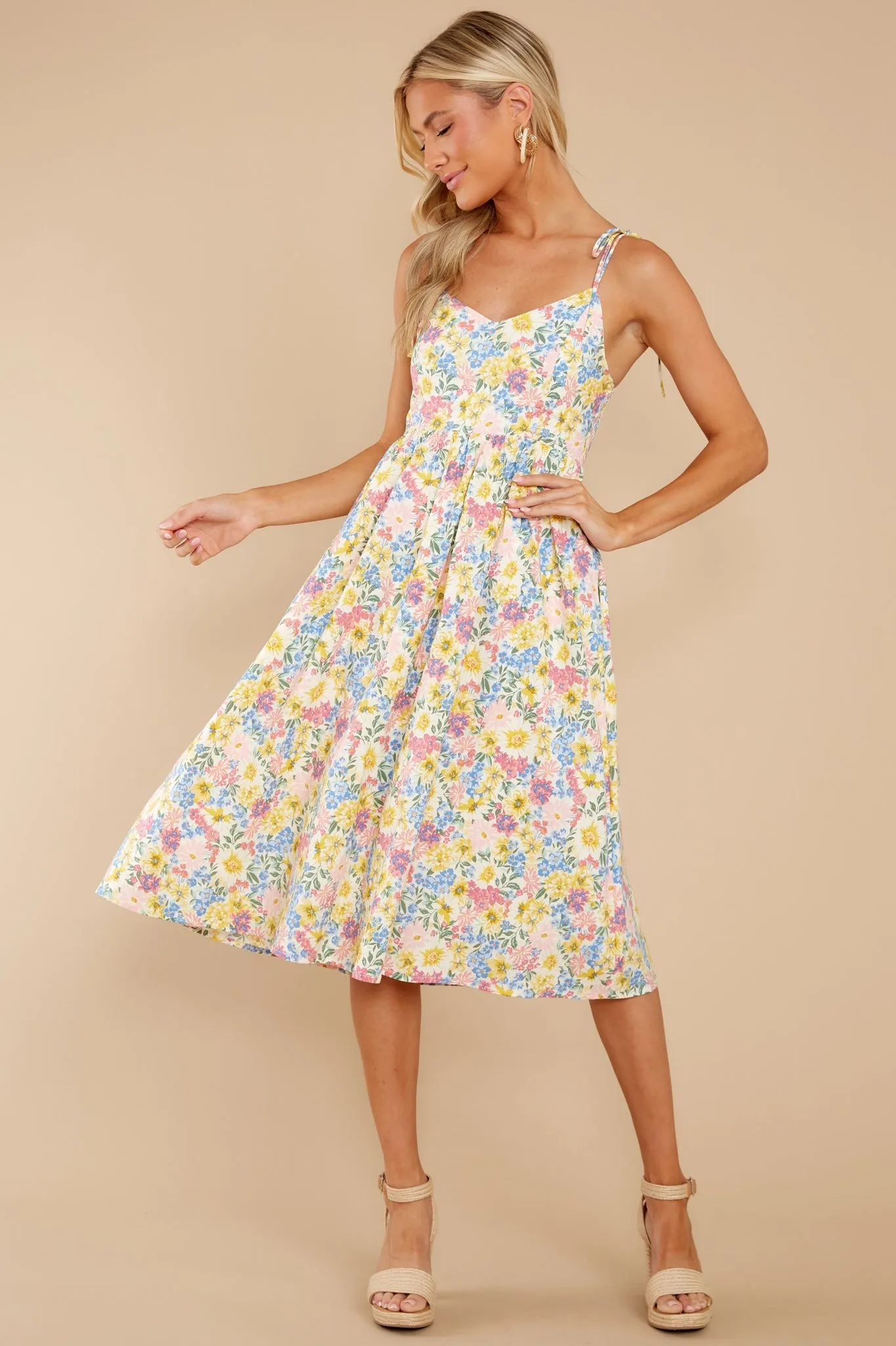 Chasing Sun Beams Yellow Multi Floral Print Midi Dress