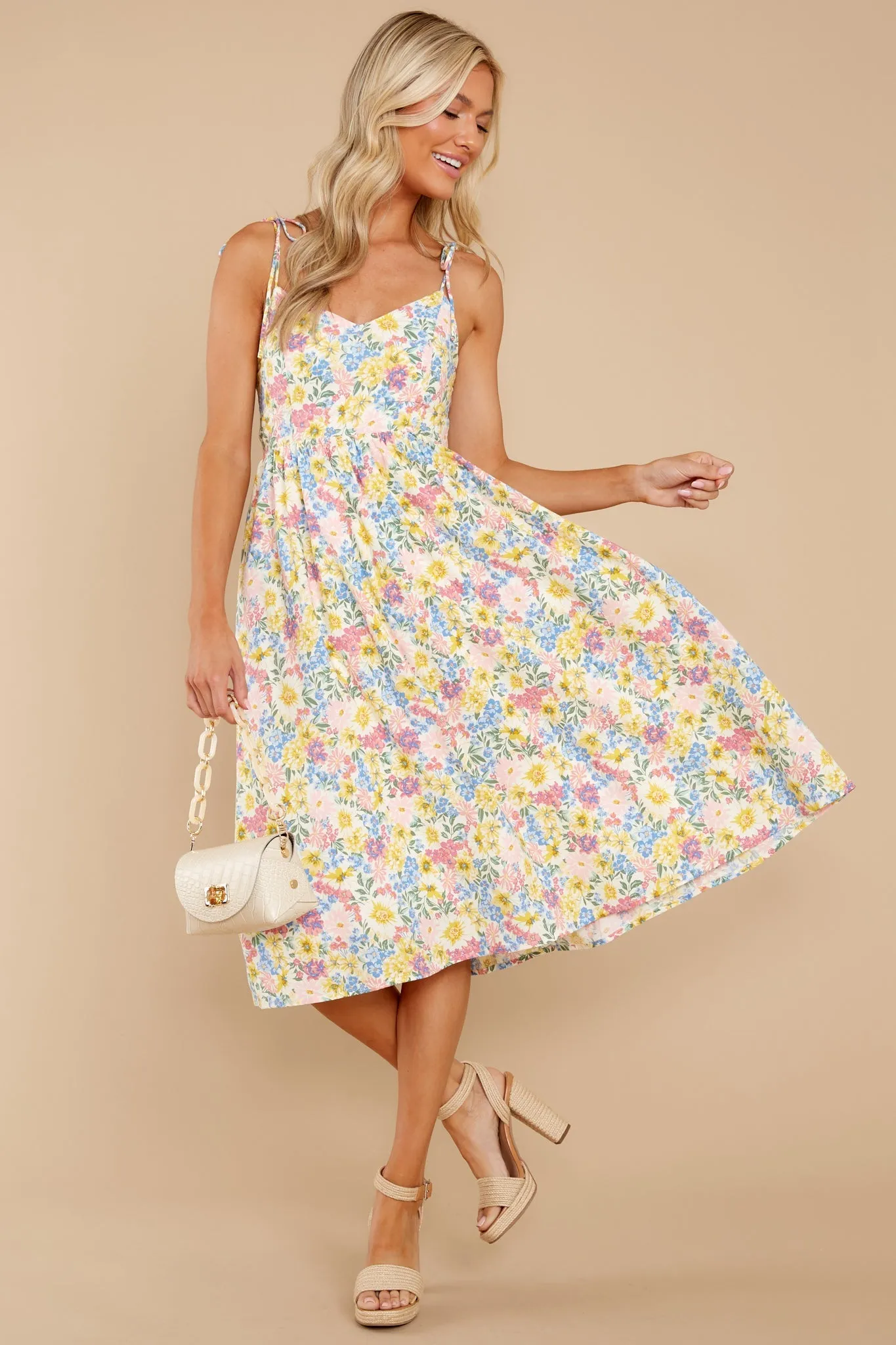 Chasing Sun Beams Yellow Multi Floral Print Midi Dress