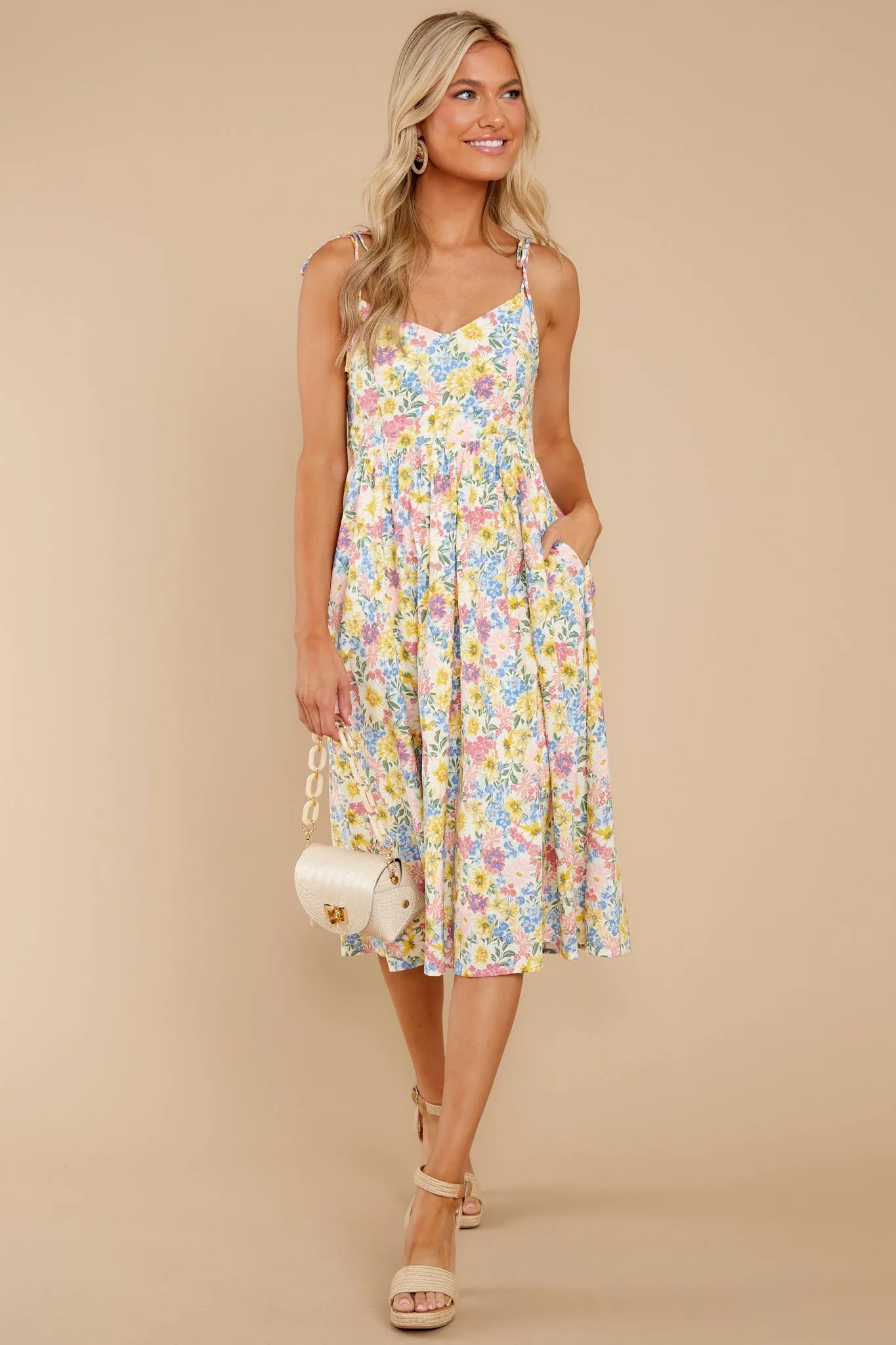 Chasing Sun Beams Yellow Multi Floral Print Midi Dress