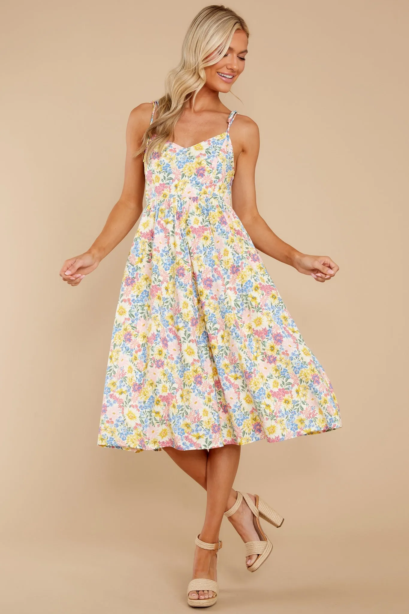 Chasing Sun Beams Yellow Multi Floral Print Midi Dress