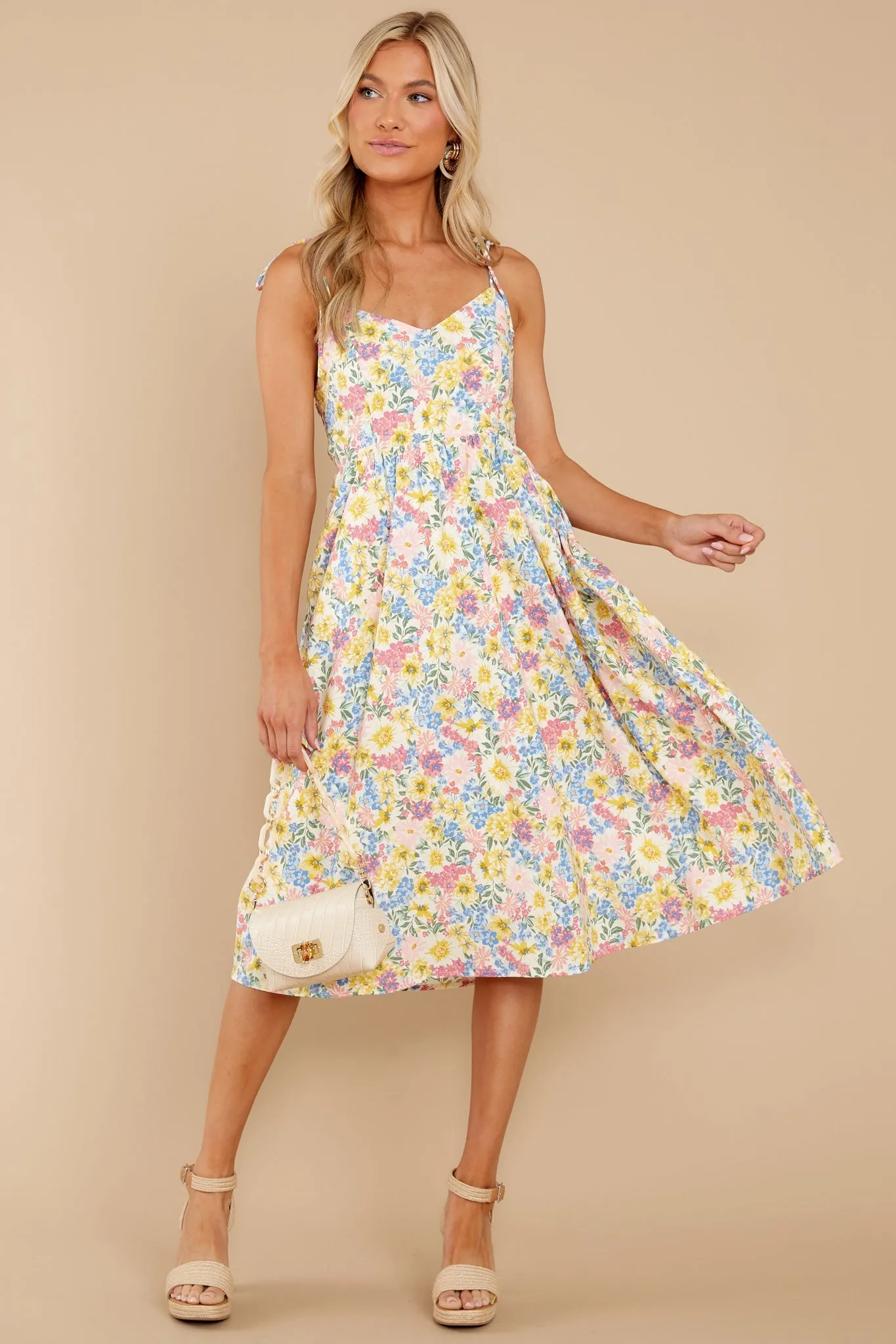 Chasing Sun Beams Yellow Multi Floral Print Midi Dress