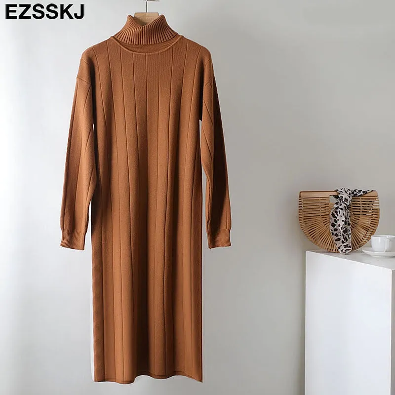 Christmas Gift Deanwangkt Autumn Winter long thick Sweater Dress Women turtleneck long Sleeve straight maix Dress female girl warm long dress