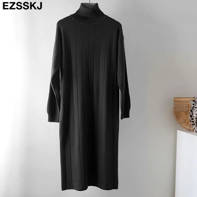 Christmas Gift Deanwangkt Autumn Winter long thick Sweater Dress Women turtleneck long Sleeve straight maix Dress female girl warm long dress