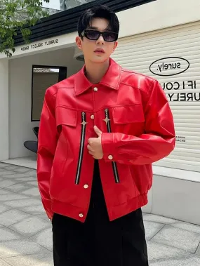 Classic Korean Fashion Street Style Zip Deisgn Red Vegan Leather Jacket For Men's Fashion Outfit