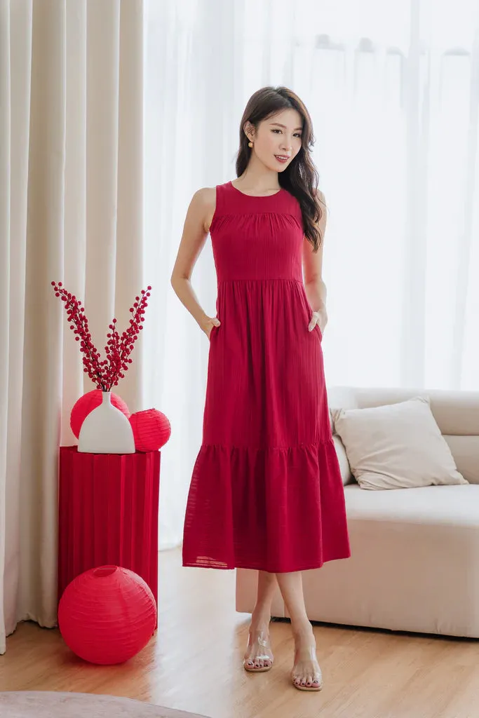 Colina Lattice Eyelet Tier Maxi Dress - Red