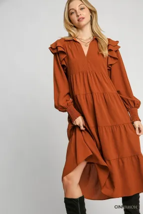 Collared Ruffle Long Sleeve Maxi Dress