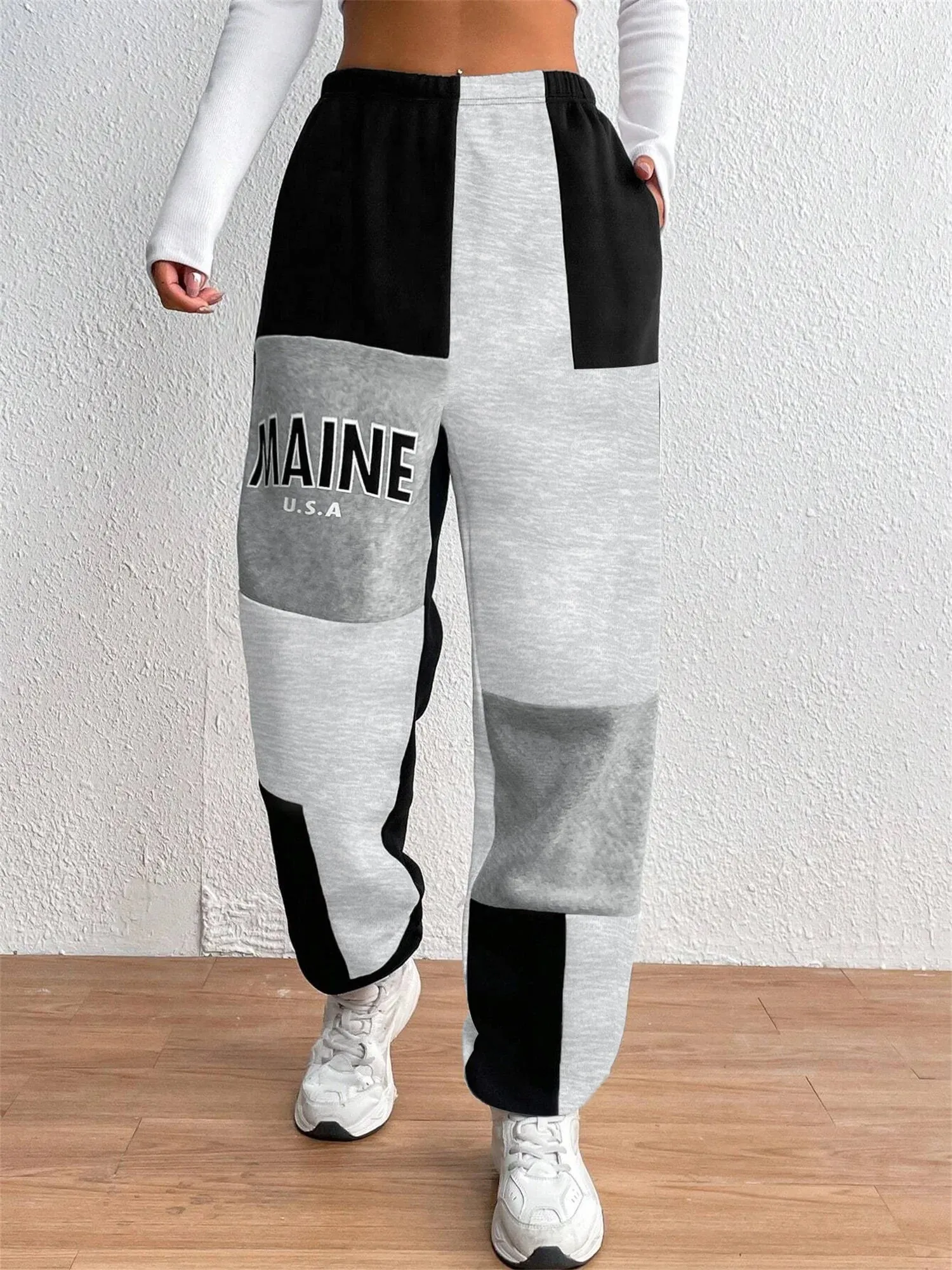 Color Block Jogger Letter Patchwork Print Knitting Casual Slant Pocket Elastic Pants