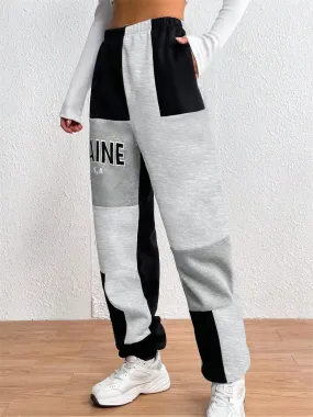 Color Block Jogger Letter Patchwork Print Knitting Casual Slant Pocket Elastic Pants