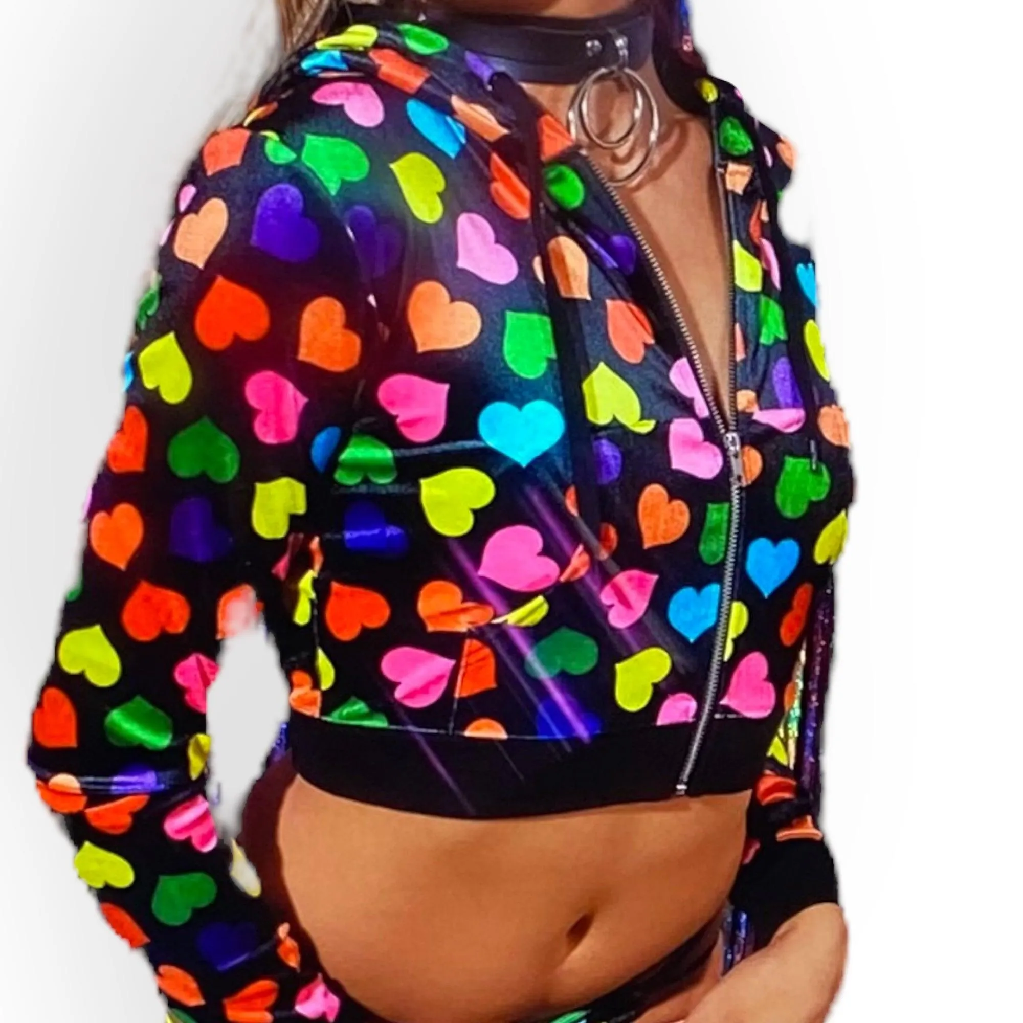 Colorful Hearts Hooded Cropped Jacket