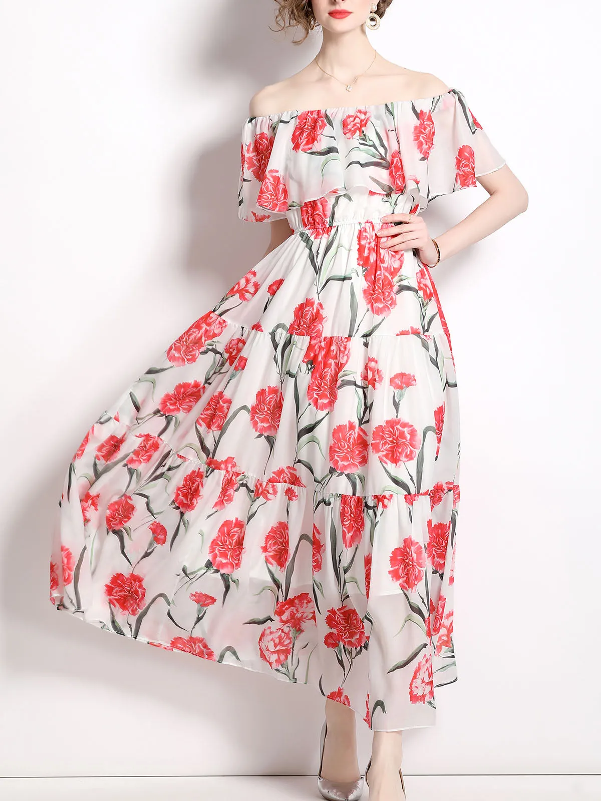 Convertible One or Off Shoulder Floral Printed Beach Maxi Swing Boho Dress