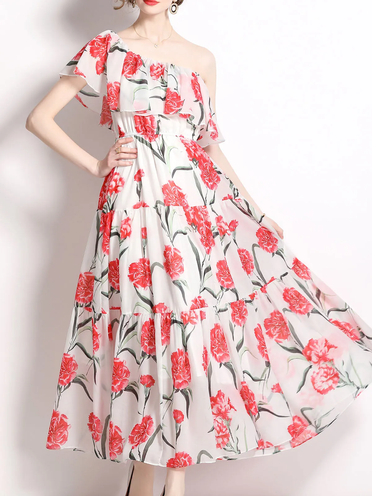 Convertible One or Off Shoulder Floral Printed Beach Maxi Swing Boho Dress