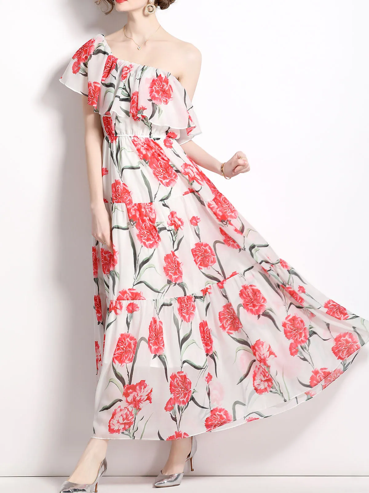 Convertible One or Off Shoulder Floral Printed Beach Maxi Swing Boho Dress