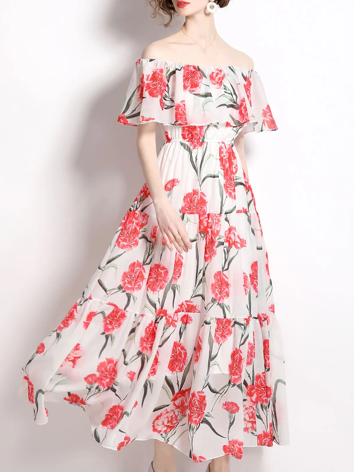 Convertible One or Off Shoulder Floral Printed Beach Maxi Swing Boho Dress