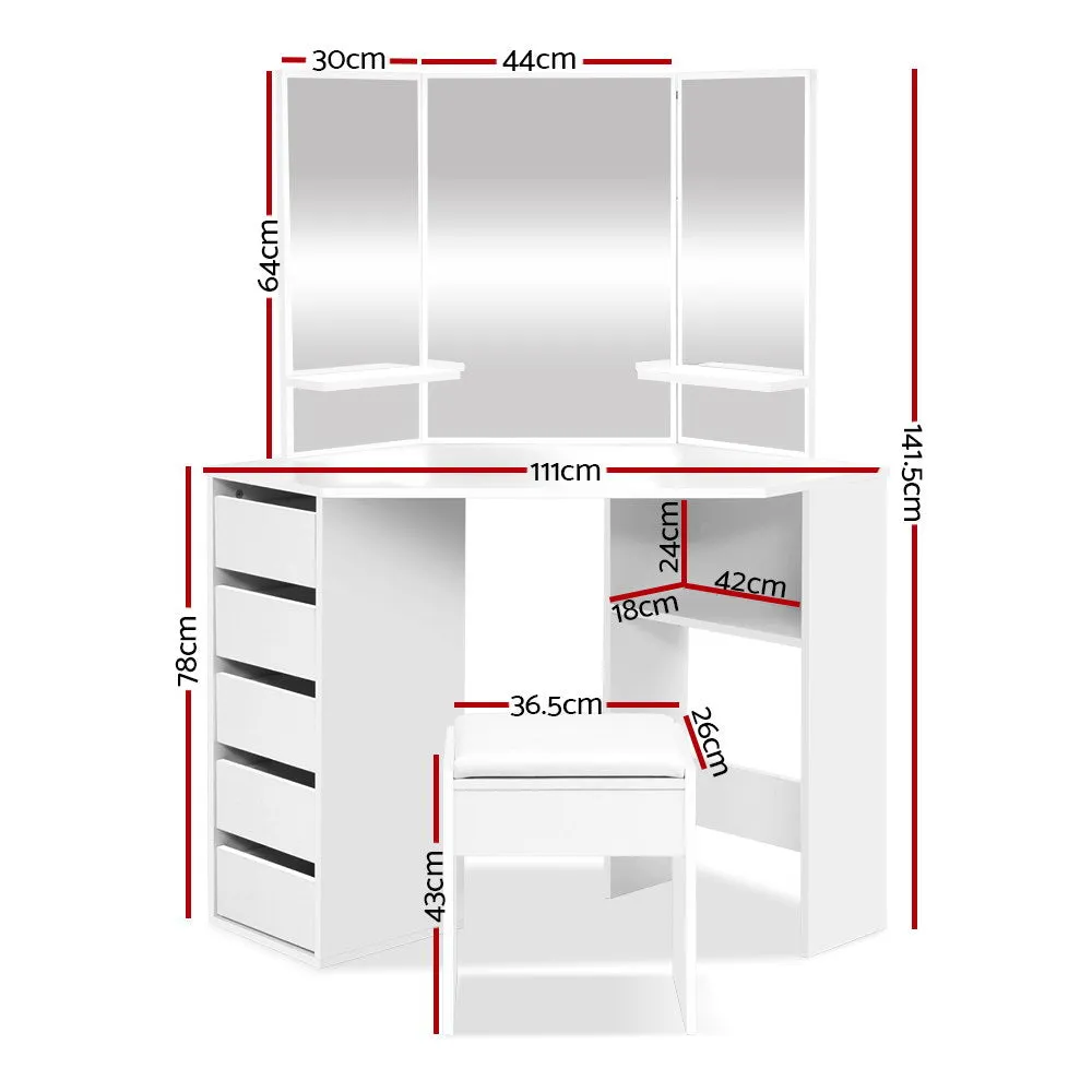 Corner Dressing Table Mirror Stool Jewellery Cabinet Makeup Organiser Drawer Desk