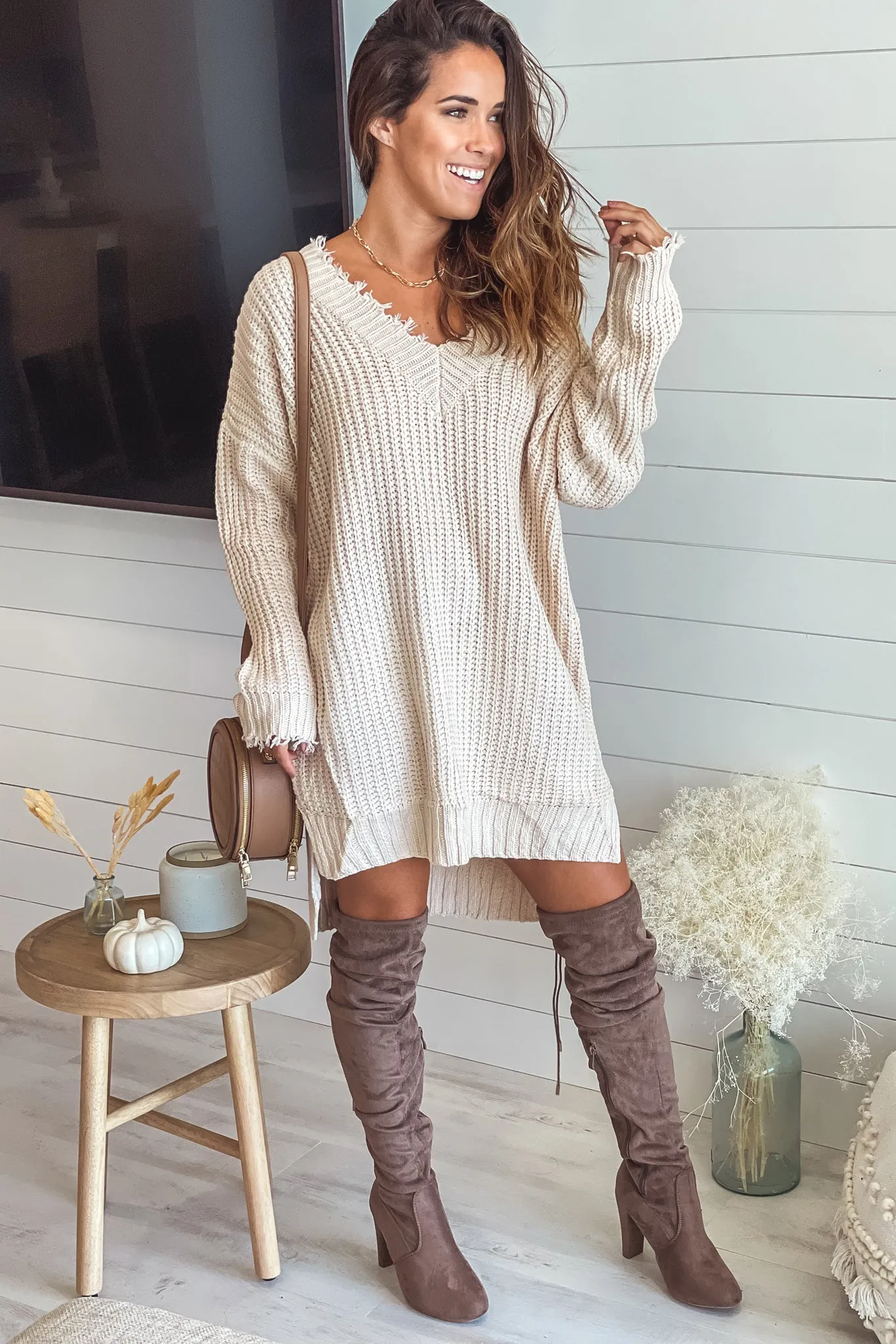 Cream Frayed V-Neck Sweater Dress